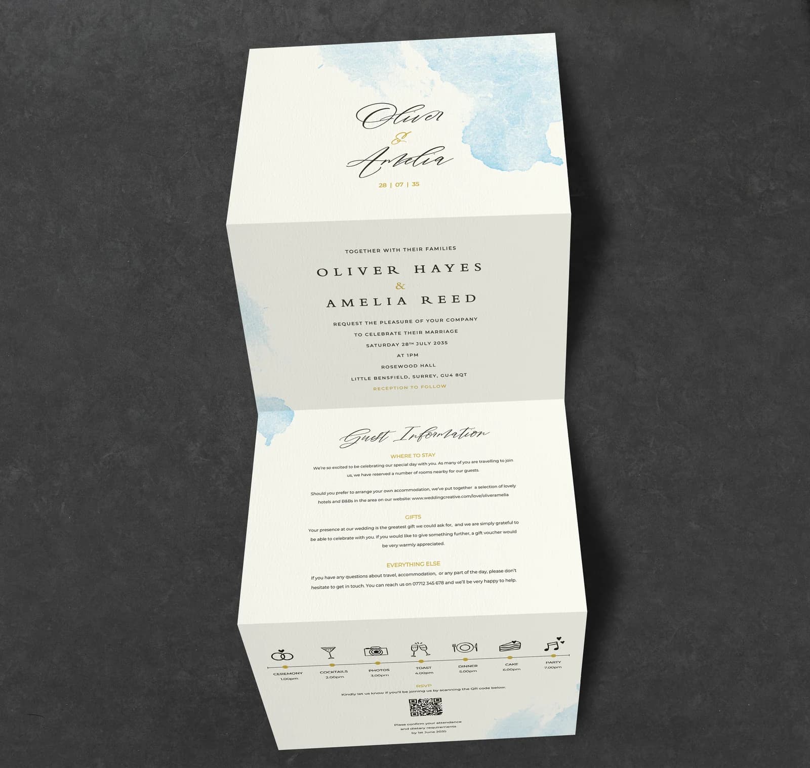 Blue Watercolour Concertina Invitation — invitation wedding stationery
