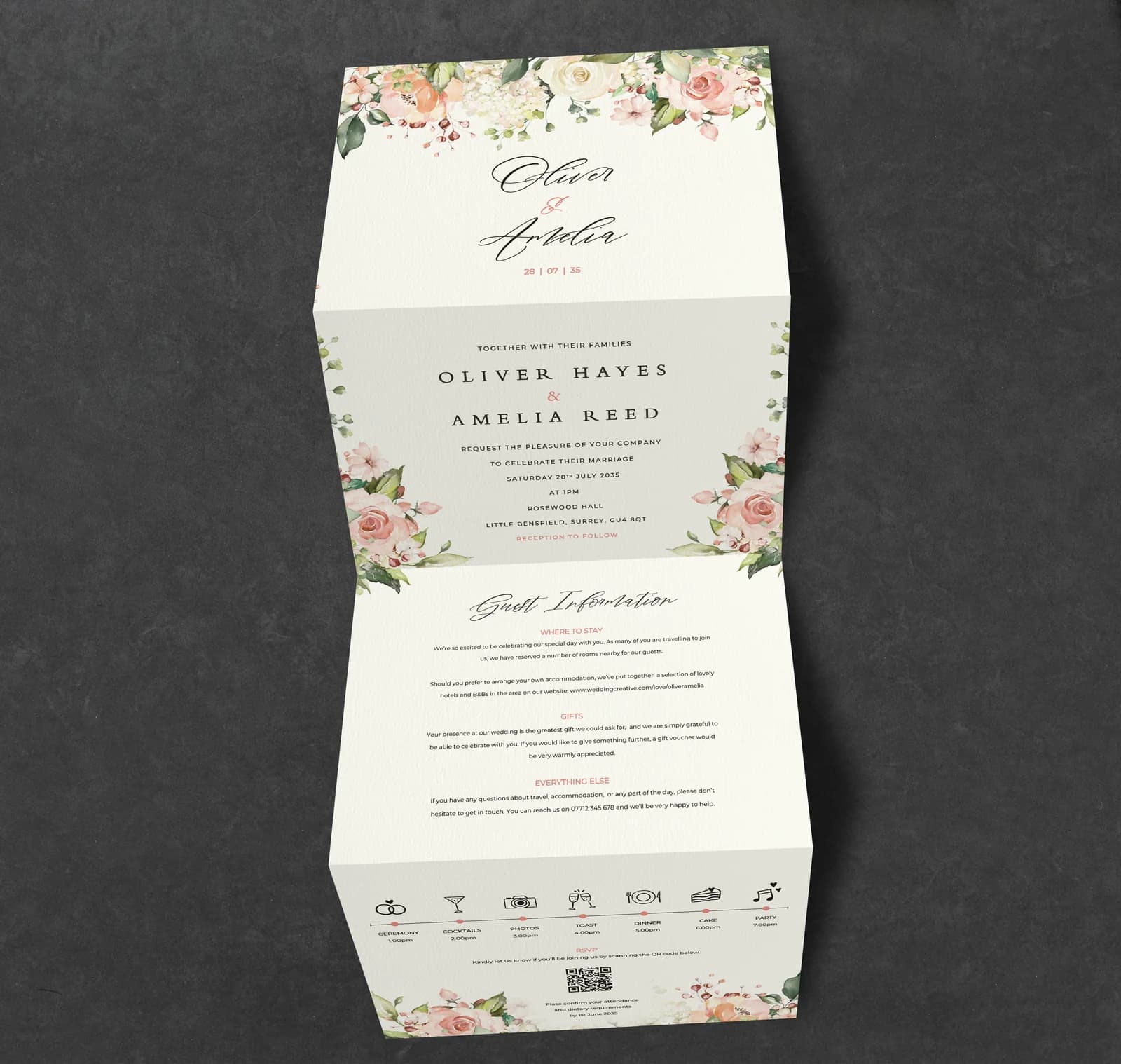 Blush Floral Concertina — invitation wedding stationery