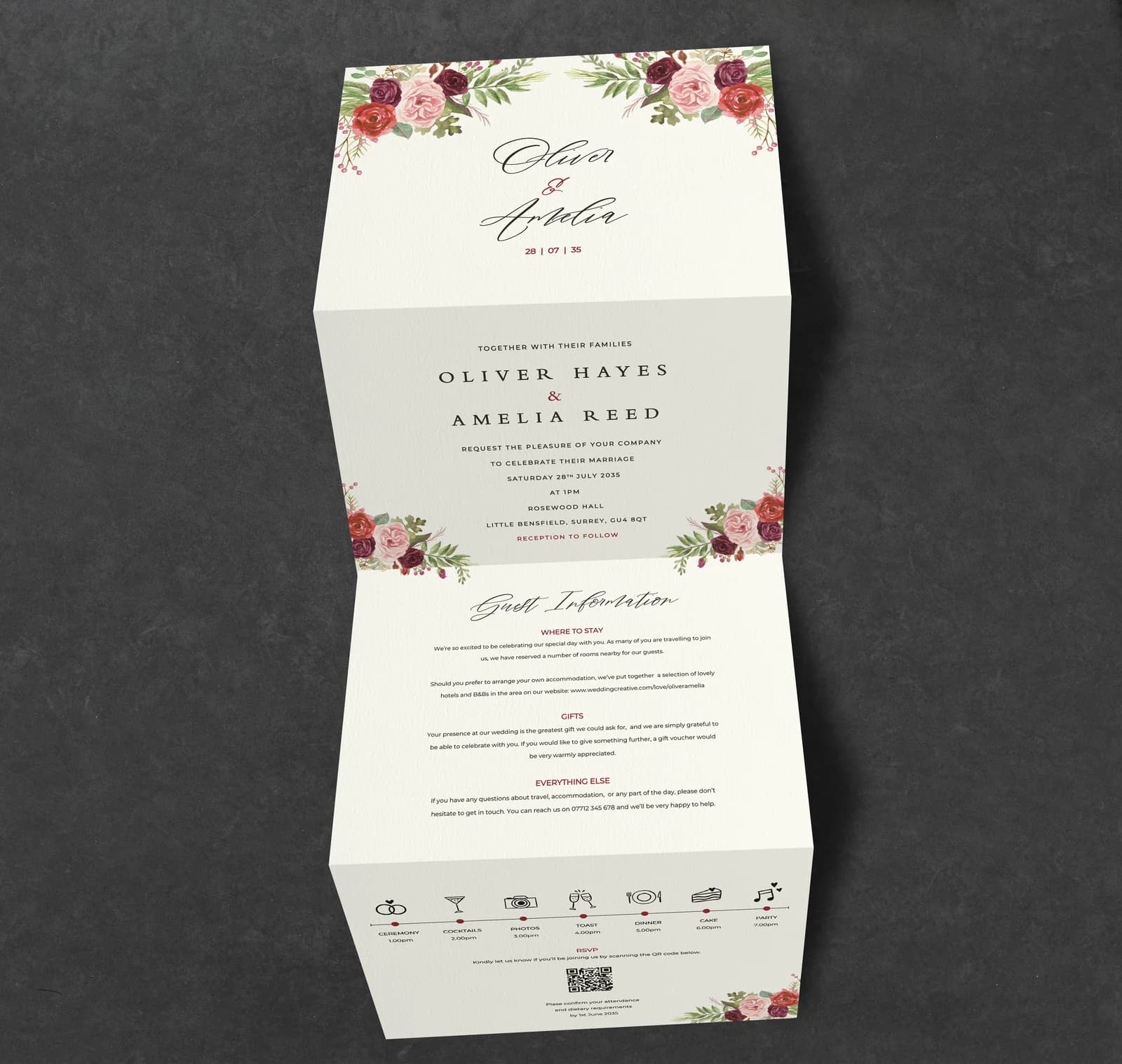 Burgundy Flowers Concertina Invitation — invitation wedding stationery
