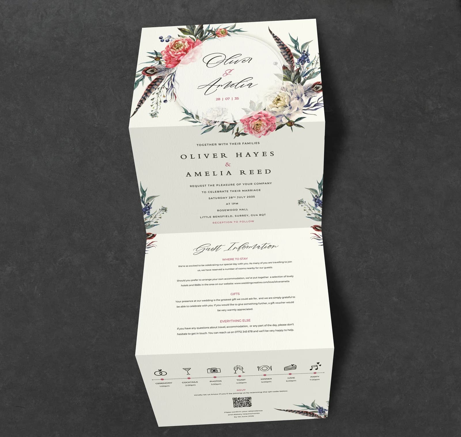 Feathers Concertina Invitation — invitation wedding stationery