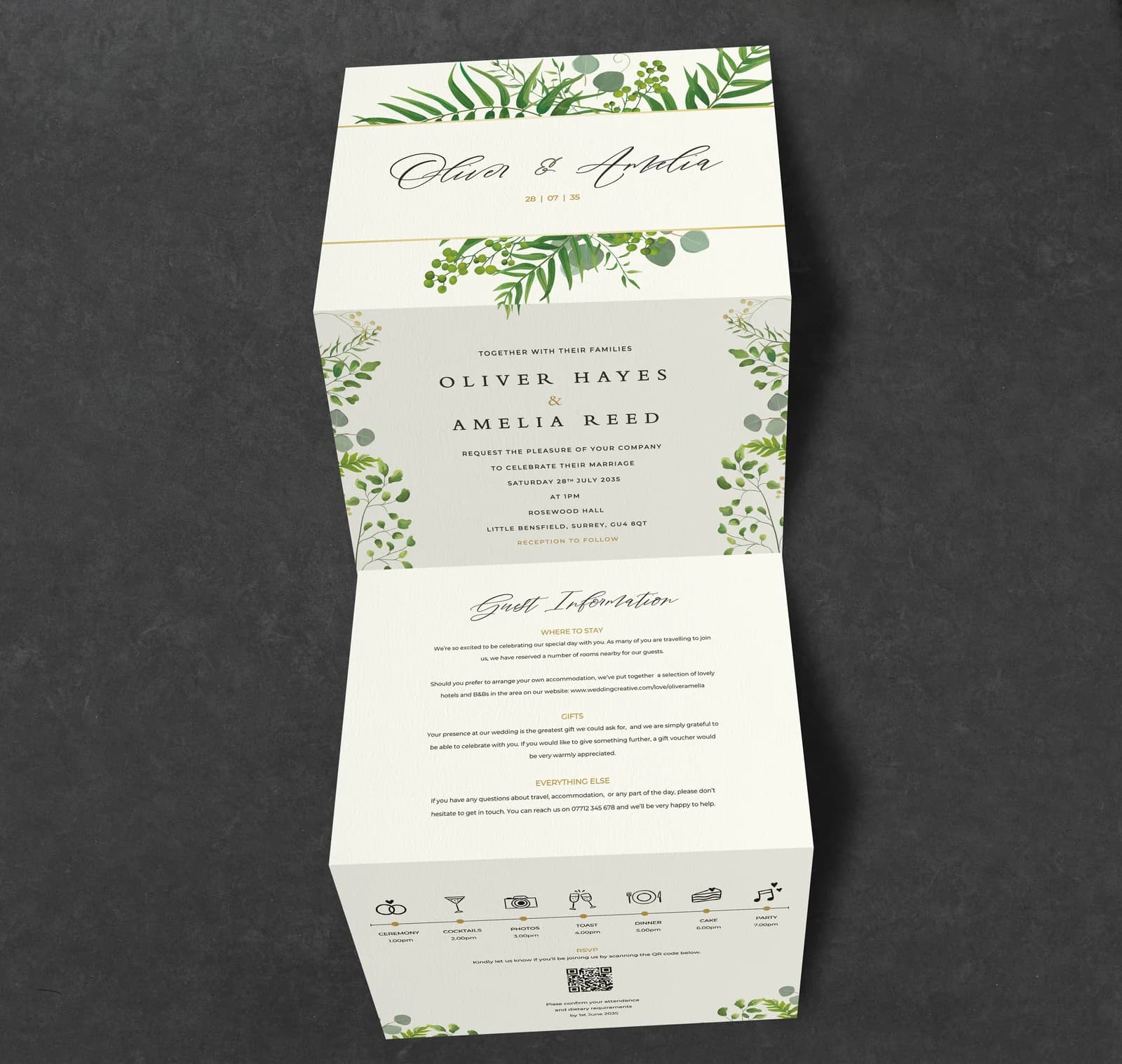 Greenery Eucalyptus Concertina Invitation — invitation wedding stationery