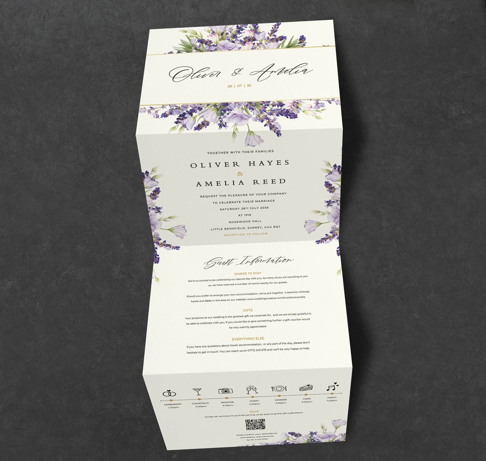 Lavender Concertina Invitation — invitation wedding stationery