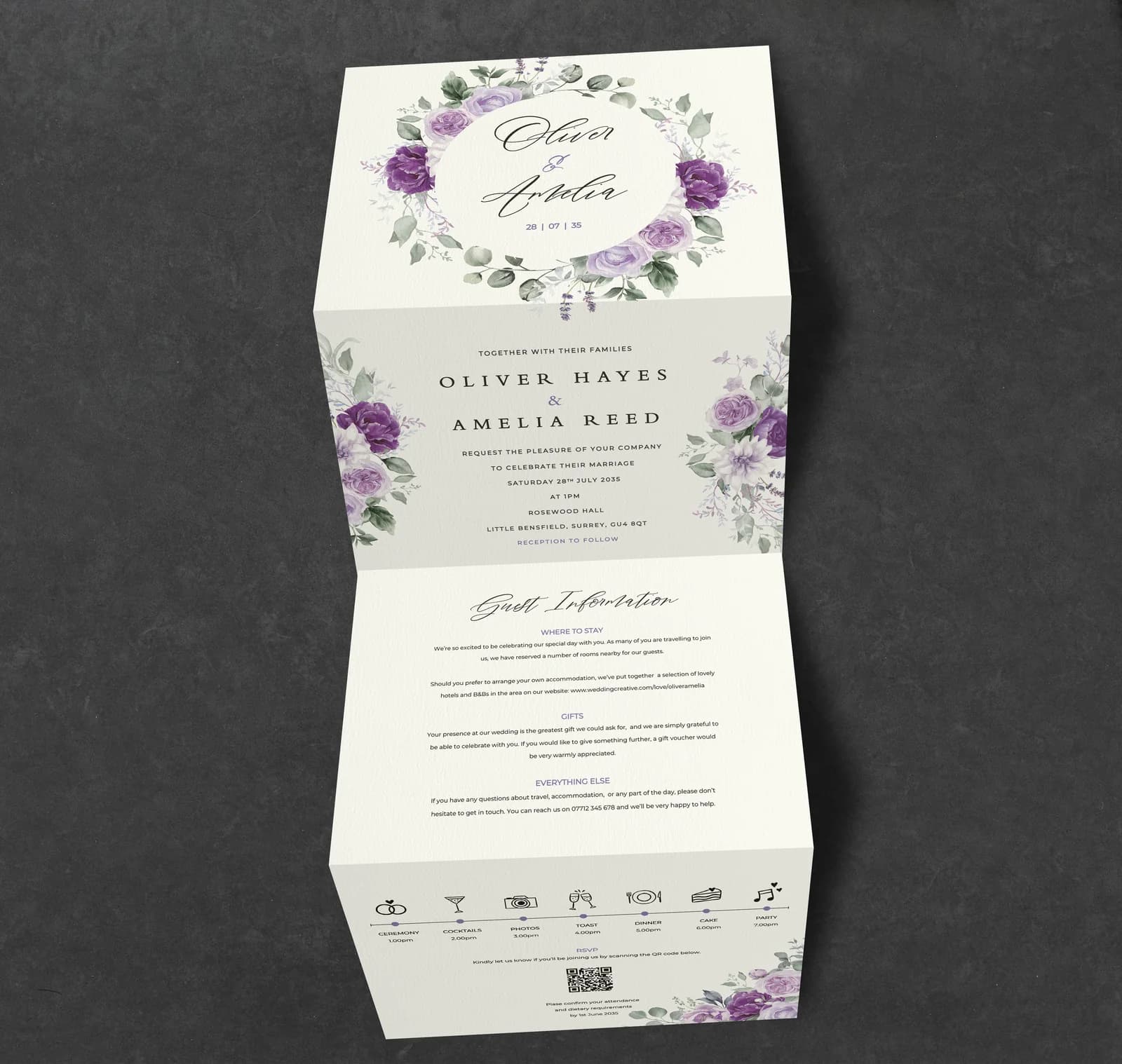 Lilac Eucalyptus Concertina Invitation — invitation wedding stationery
