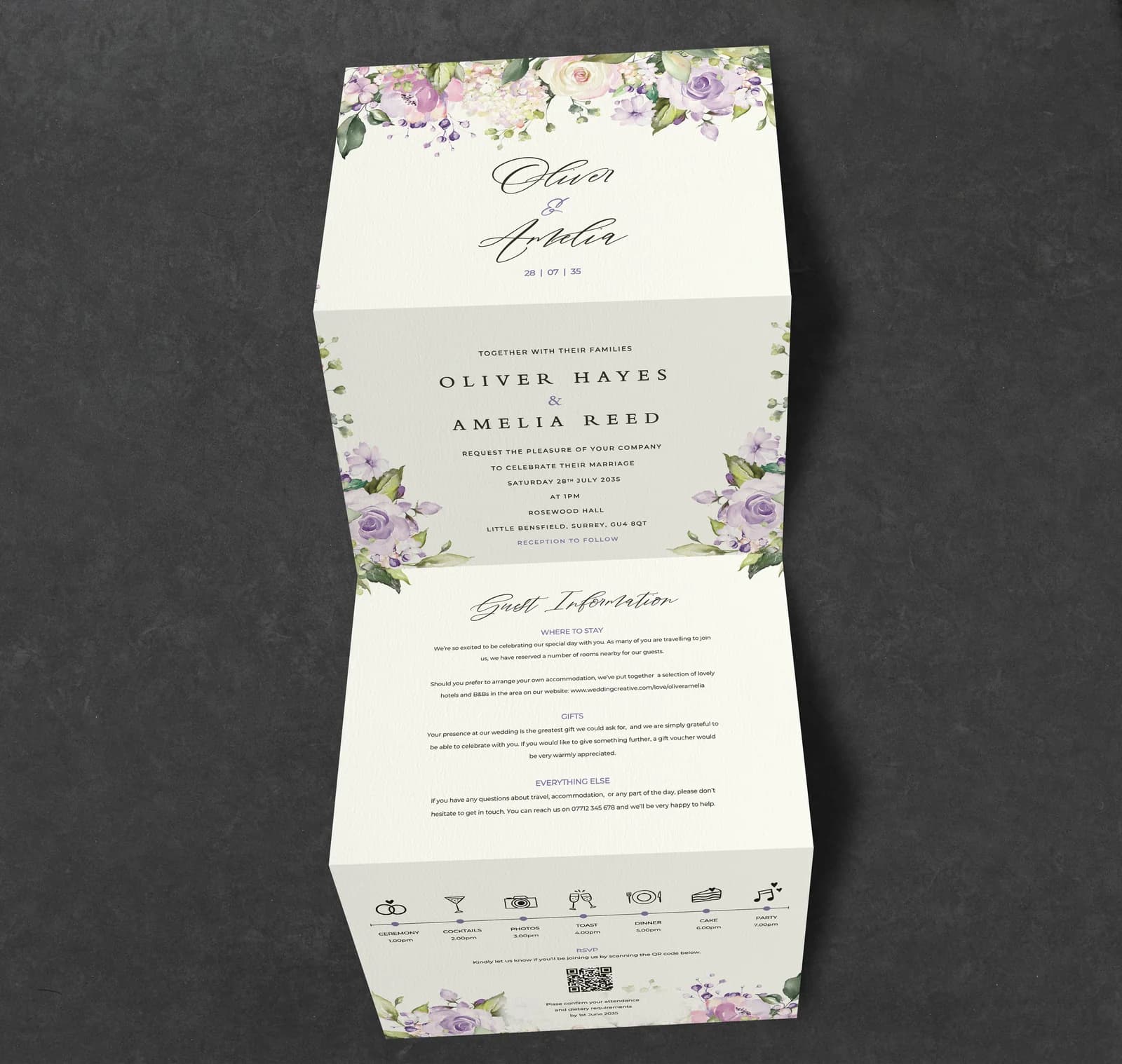 Lilac Floral Concertina Invitation — invitation wedding stationery