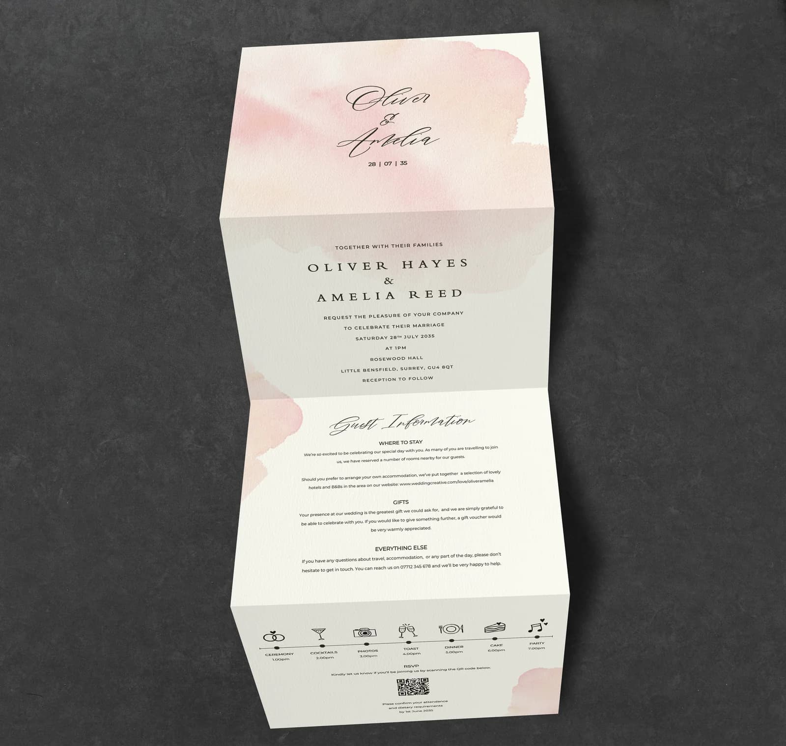 Pink Watercolour Concertina — invitation wedding stationery