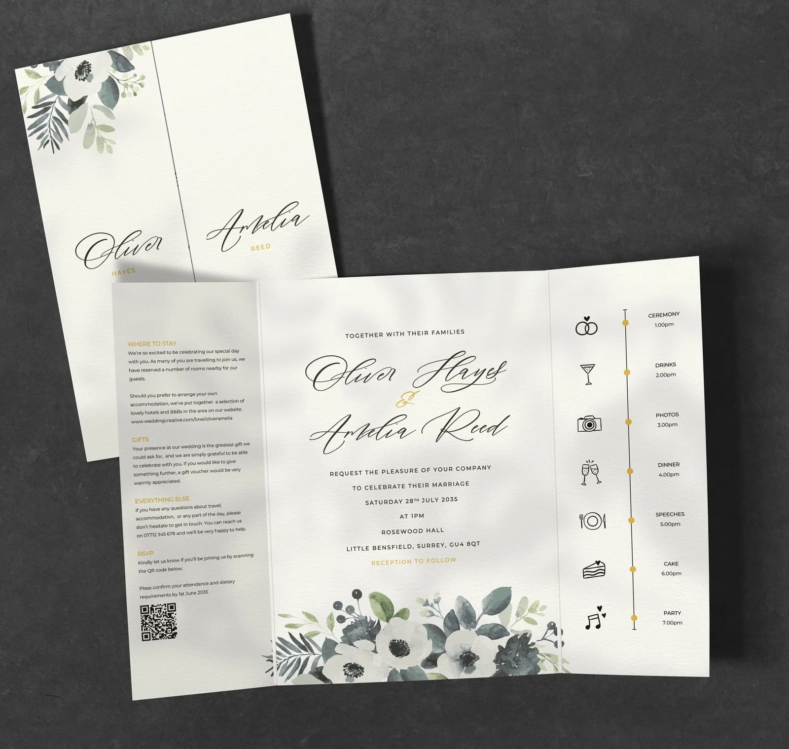 Blue Floral Gatefold Invitation — invitation wedding stationery