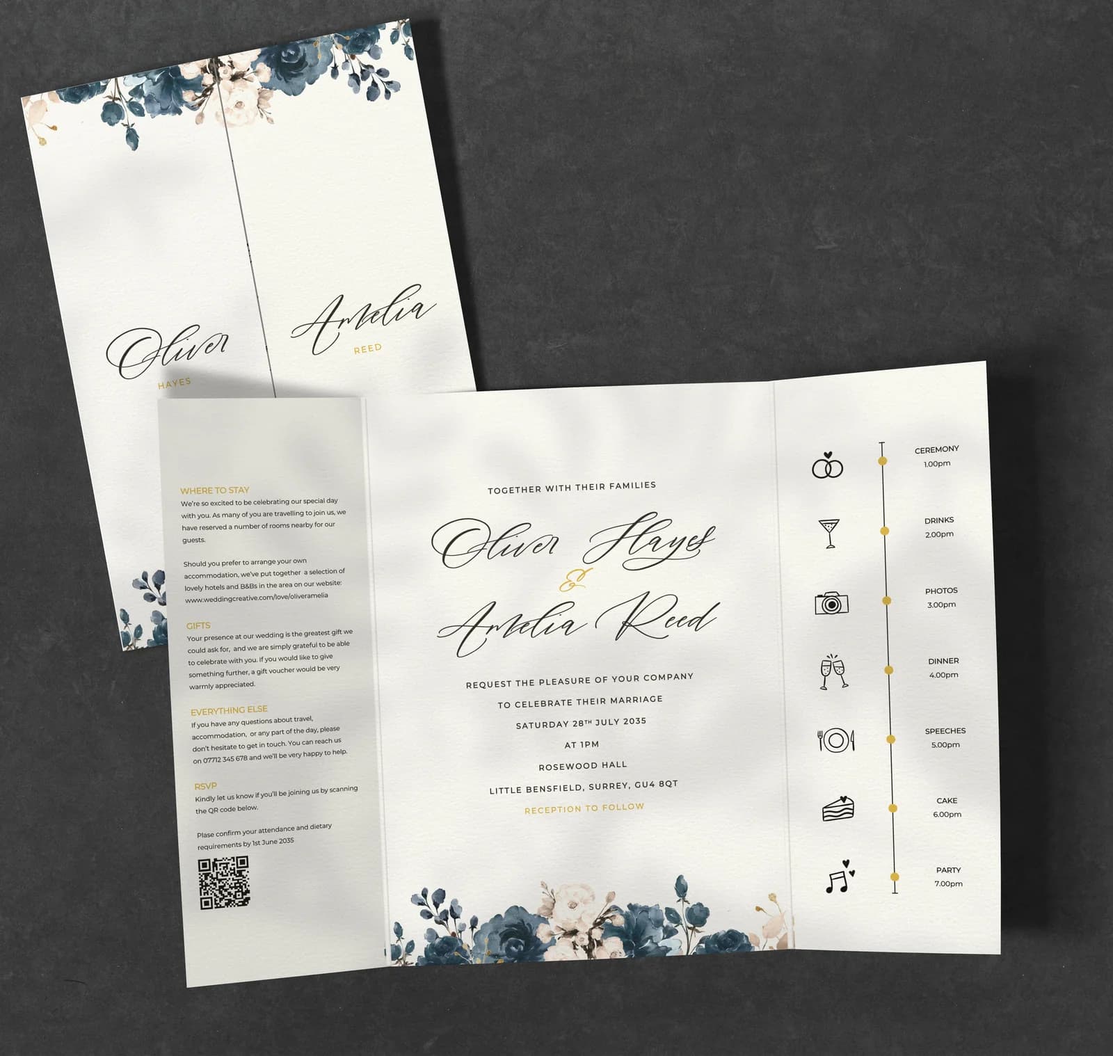 Blue Flowers Gatefold — invitation wedding stationery