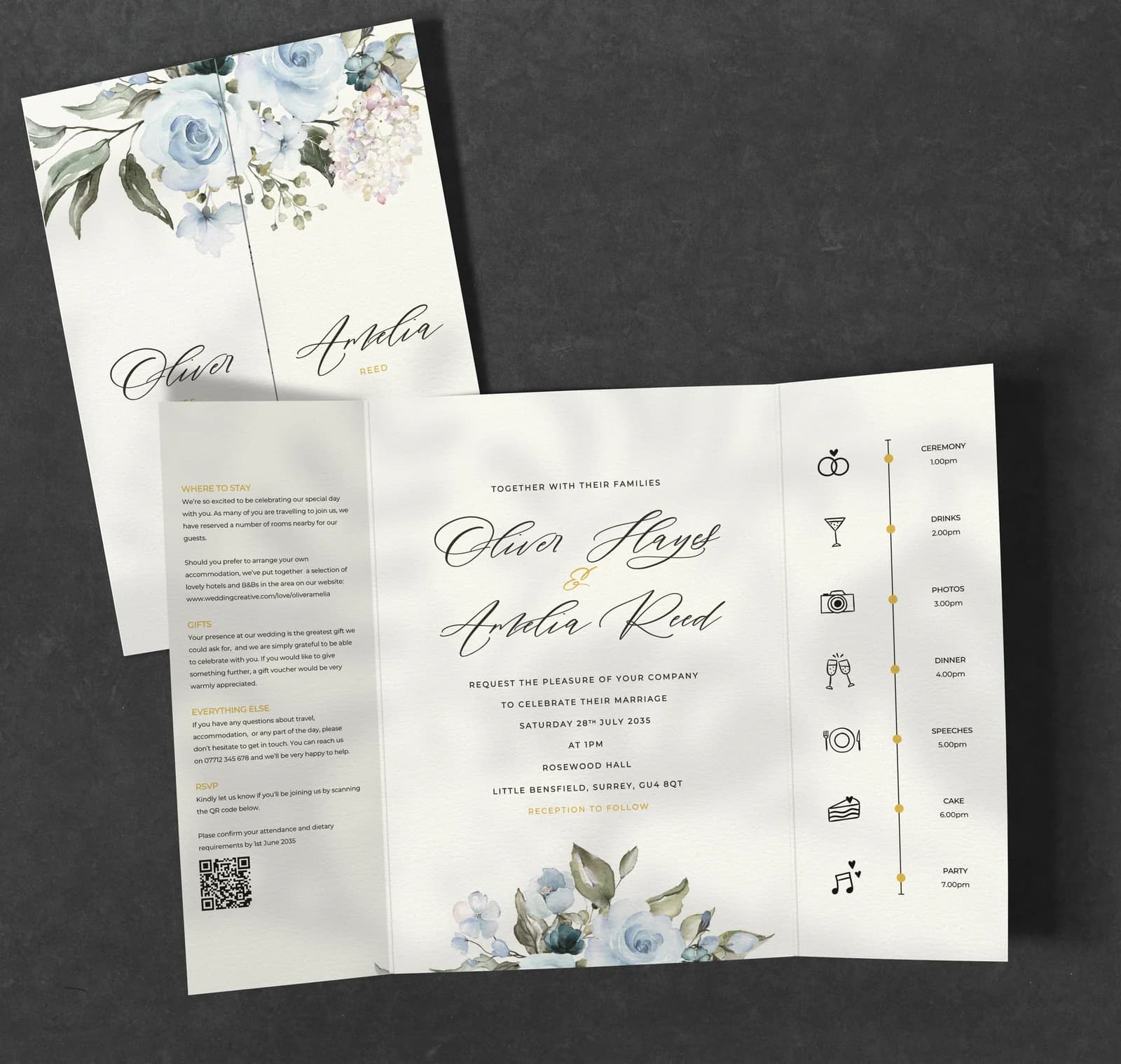 Blue Roses Gatefold Invitation — invitation wedding stationery