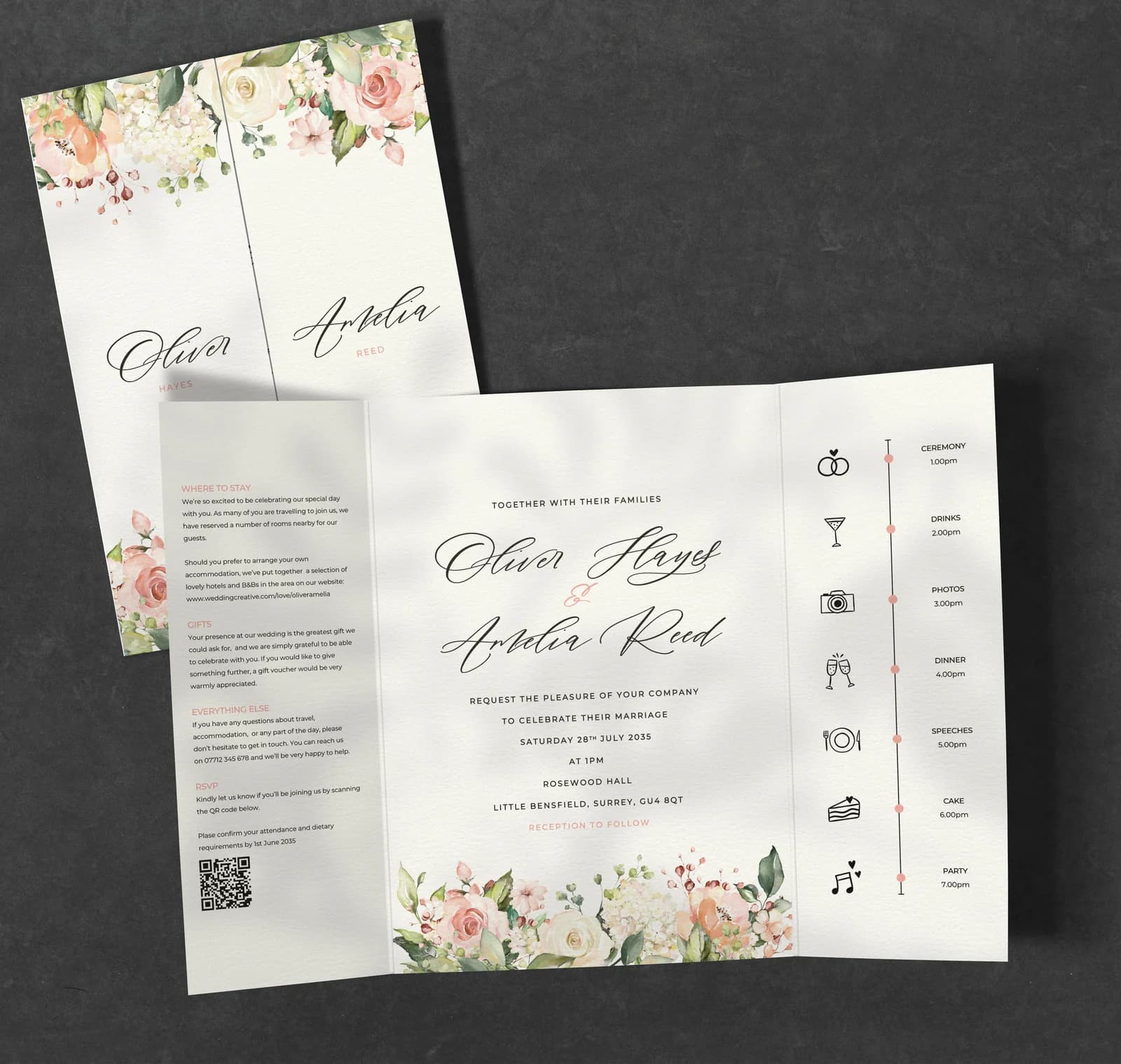 Blush Roses Gatefold Invitation — invitation wedding stationery