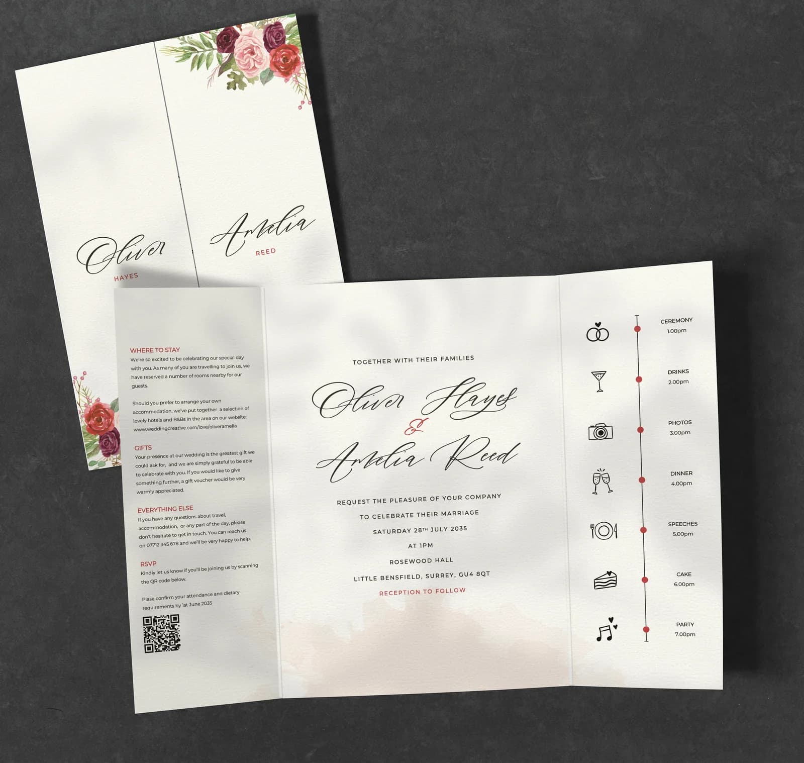 Burgundy Flowers Gatefold — invitation wedding stationery