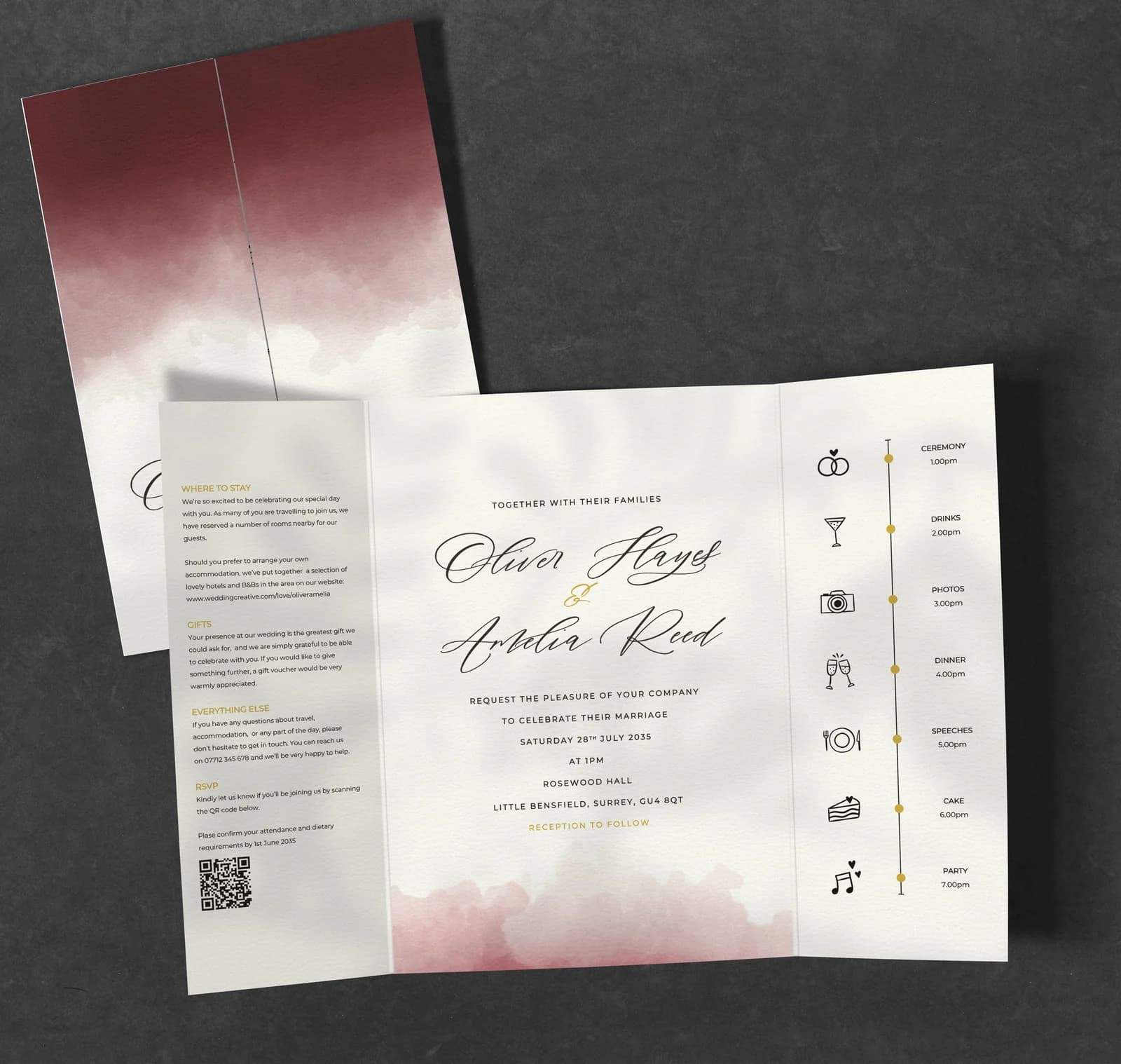 Burgundy Watercolour Gatefold Invitation — invitation wedding stationery
