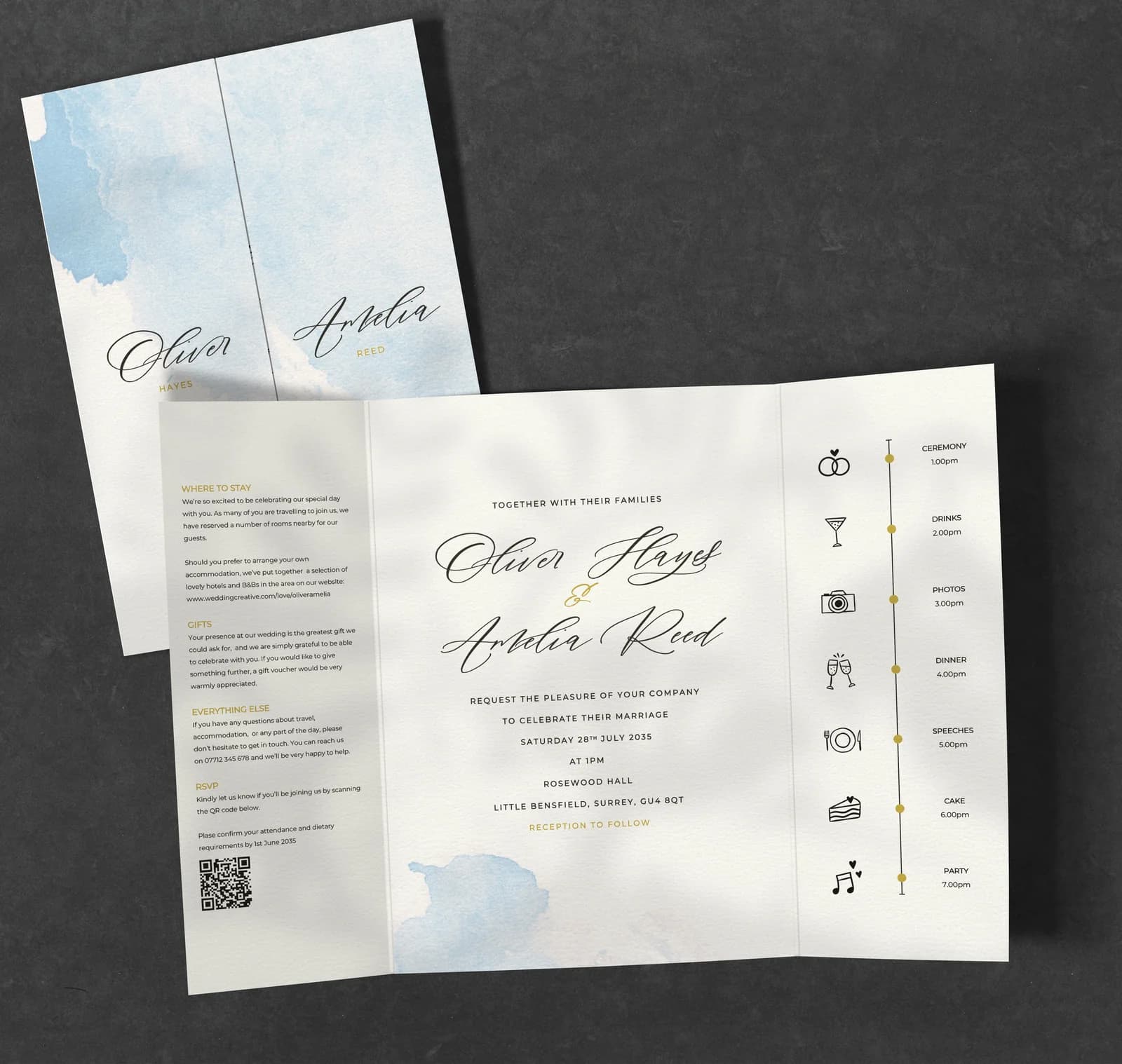 Dusty Blue Watercolour Gatefold Invitation — invitation wedding stationery