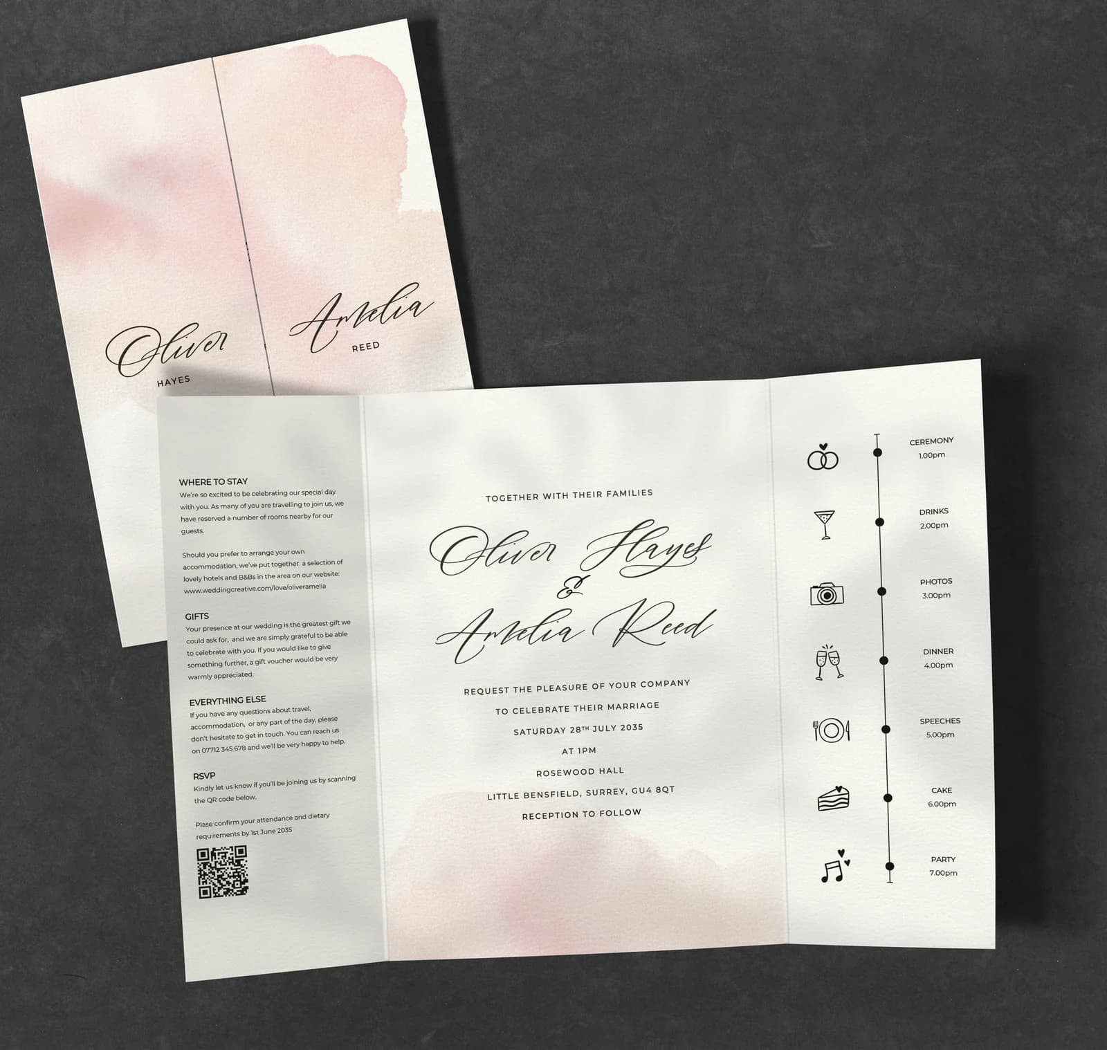 Pink Watercolour Gatefold Invitation — invitation wedding stationery