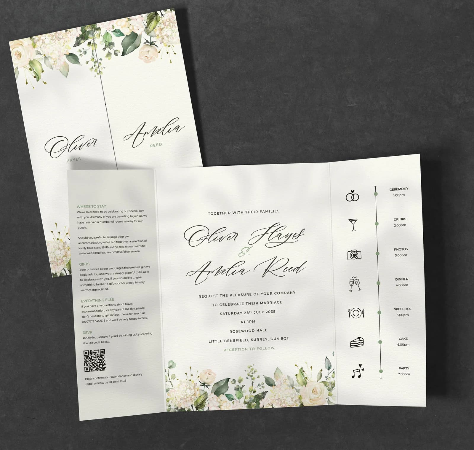 White Roses Gatefold Invitation — invitation wedding stationery