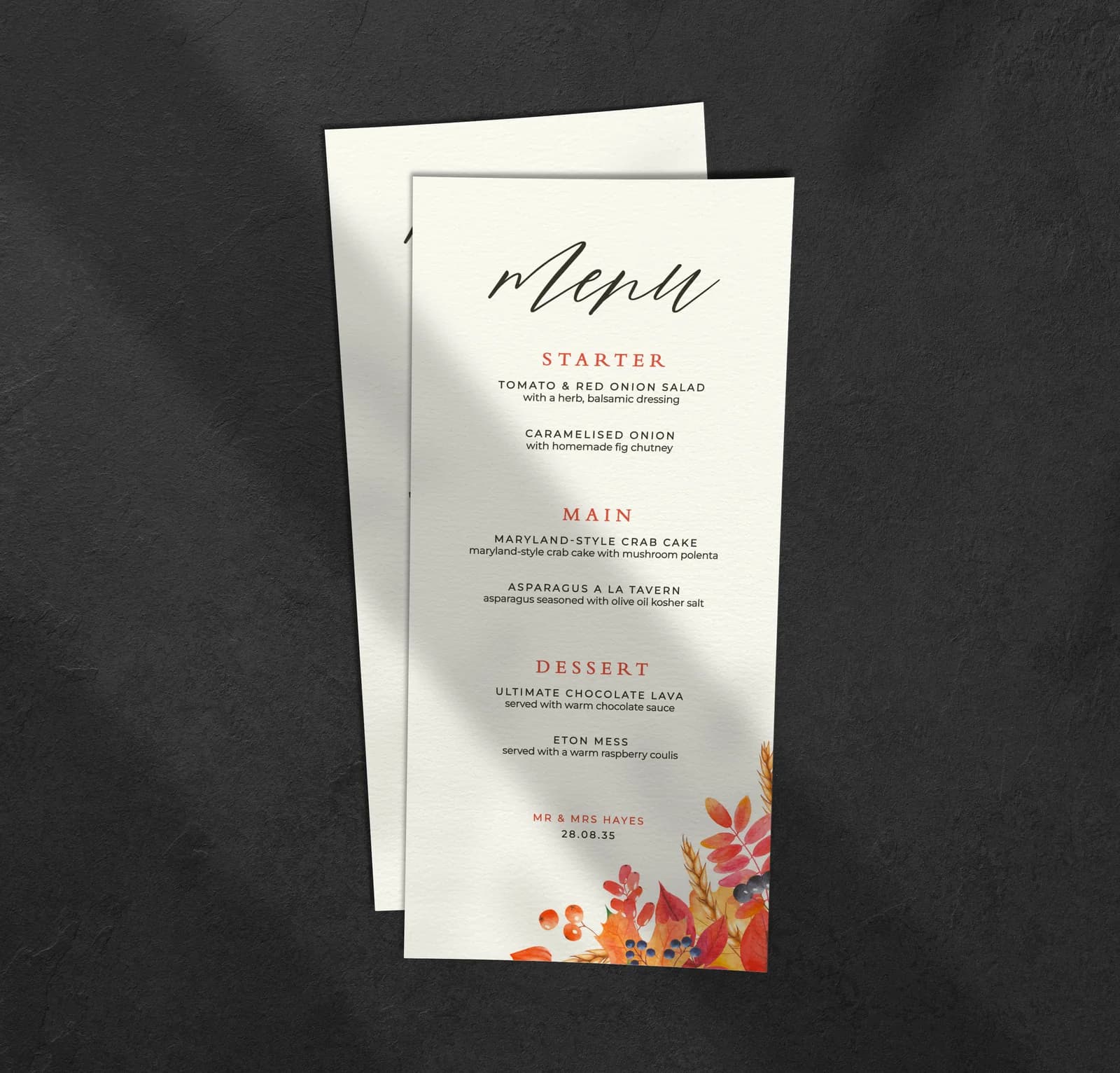 Autumn Menu — on the day wedding stationery