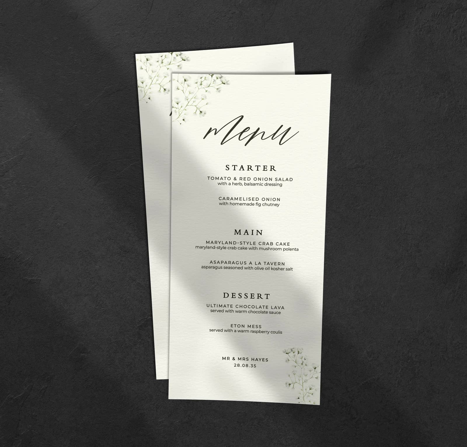 Gypsophila Menu — on the day wedding stationery