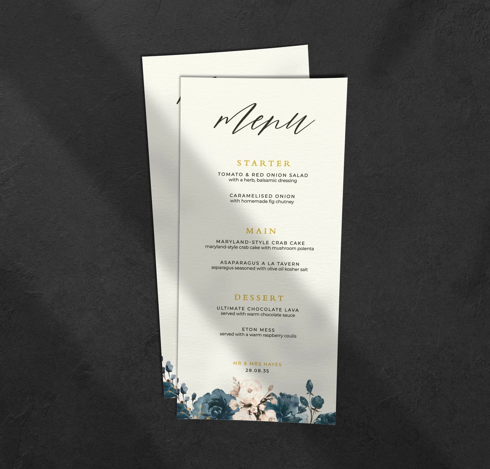 Blue Flowers Menu — on the day wedding stationery