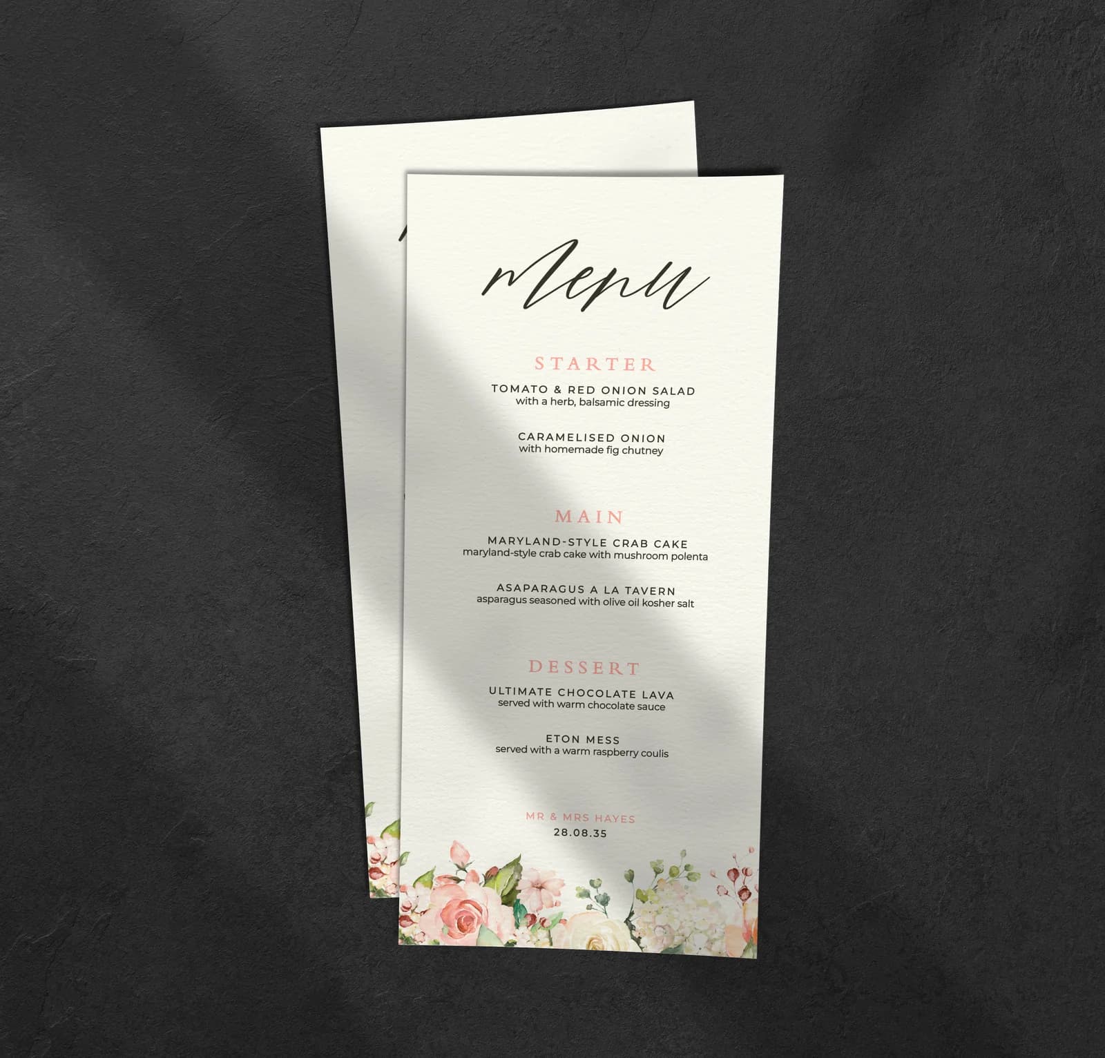 Blush Roses Menu — on the day wedding stationery
