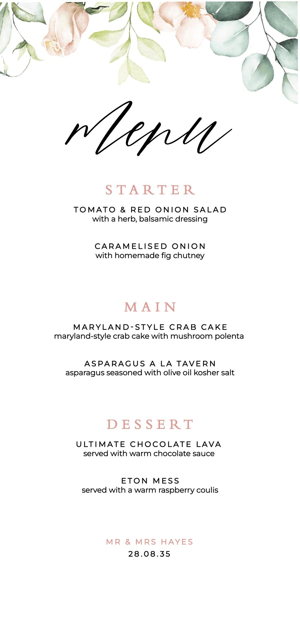 Bouquet Menu — on the day wedding stationery