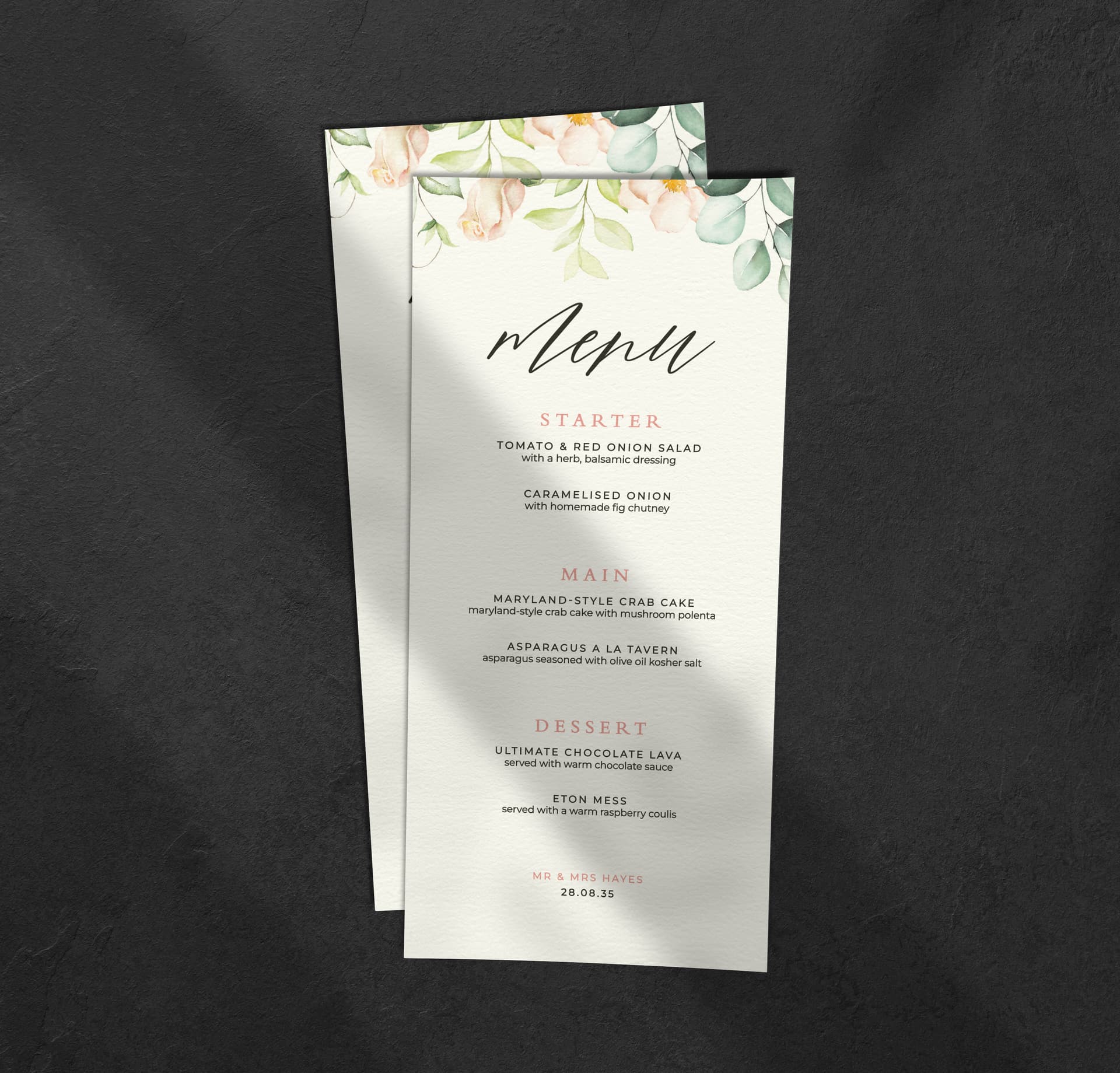 Bouquet Menu — on the day wedding stationery