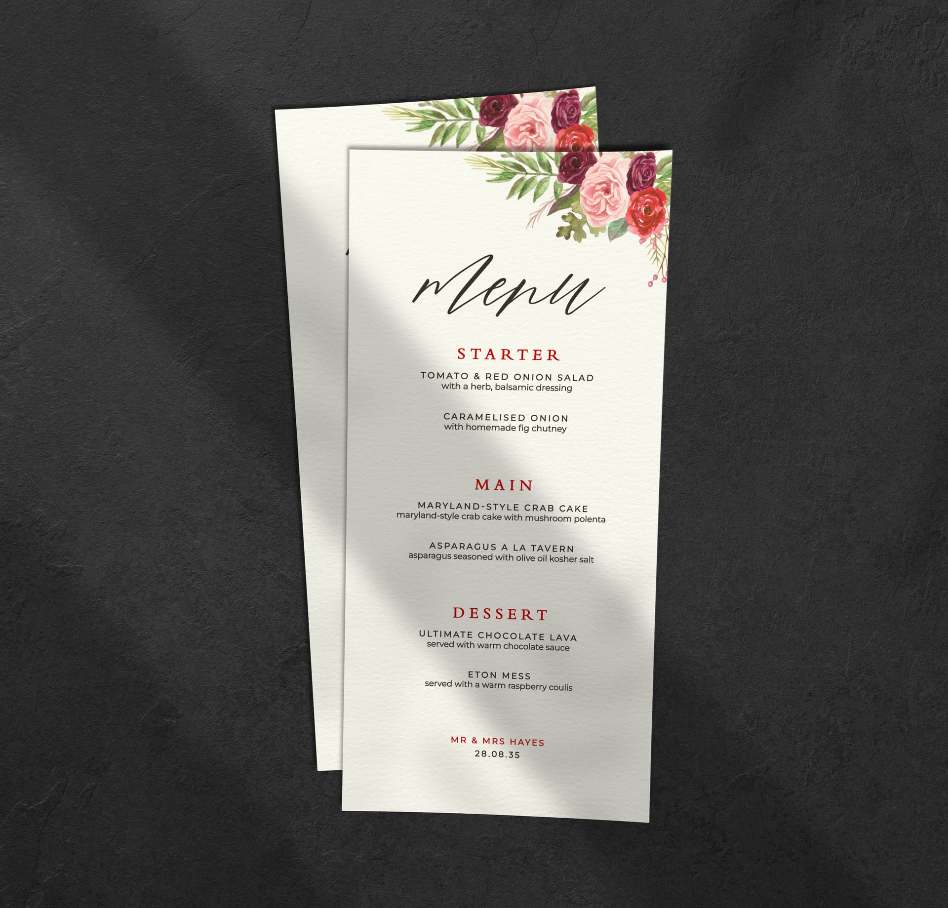 Burgundy Flowers Menu — on the day wedding stationery