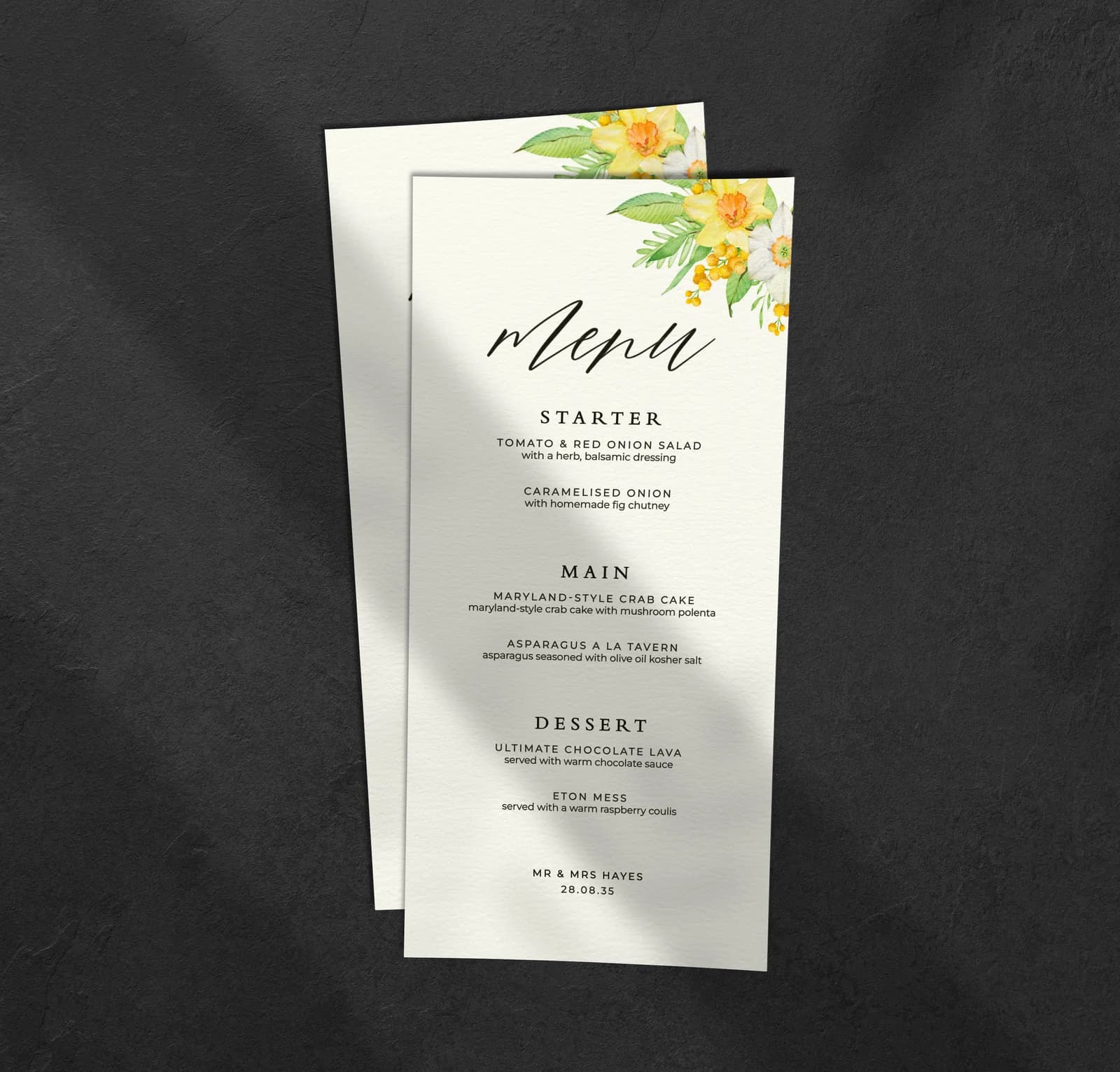 Daffodil Menu — on the day wedding stationery