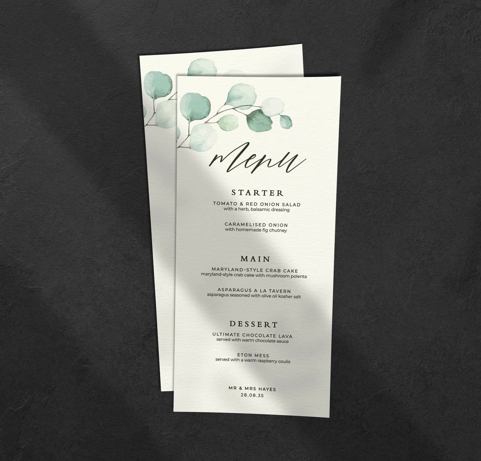 Eucalyptus Menu — on the day wedding stationery