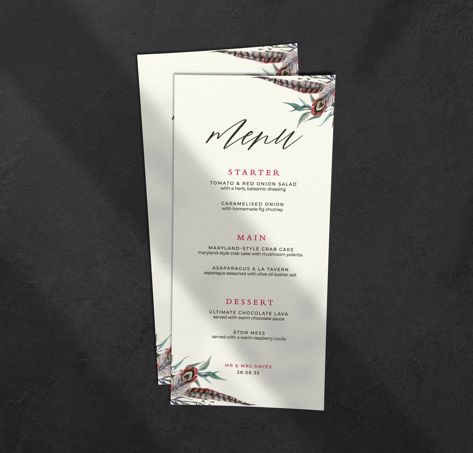 Feathers Menu — on the day wedding stationery