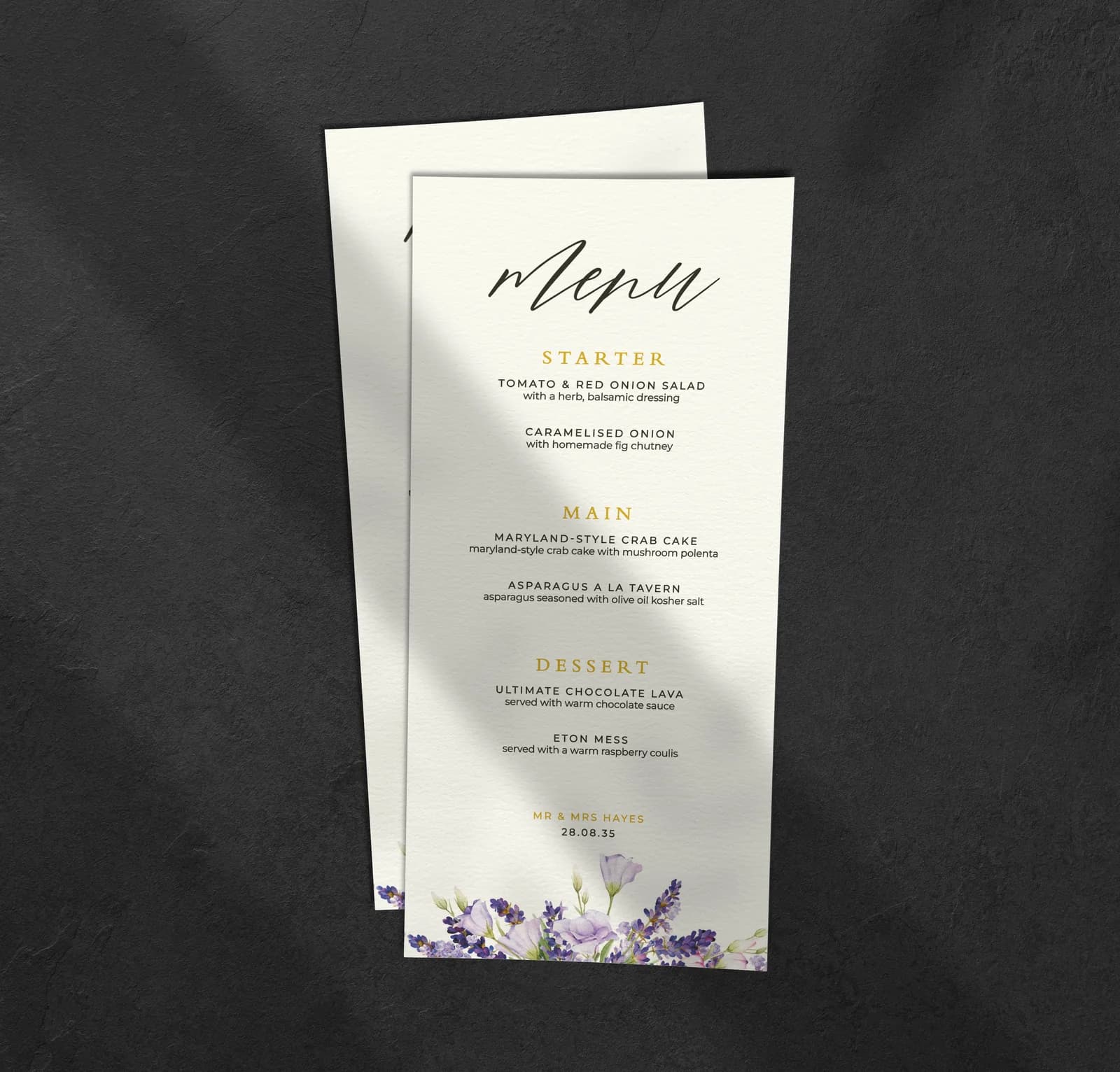 Lavender Menu — on the day wedding stationery