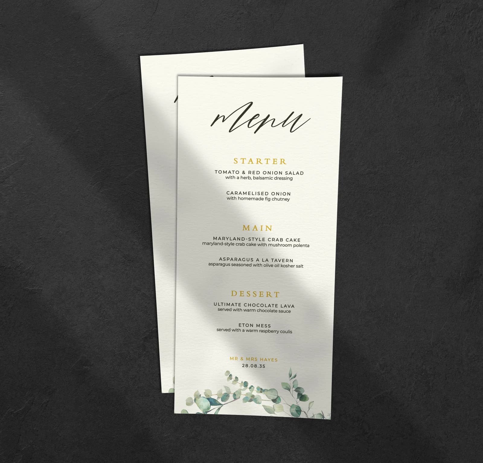 Olive Menu — on the day wedding stationery