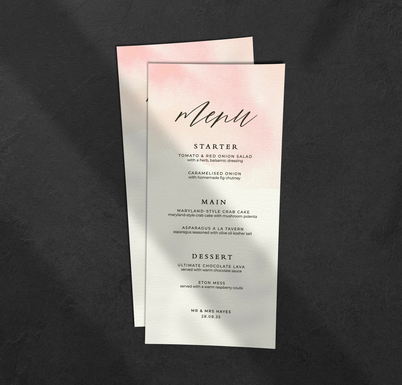Pink Watercolour Menu — on the day wedding stationery