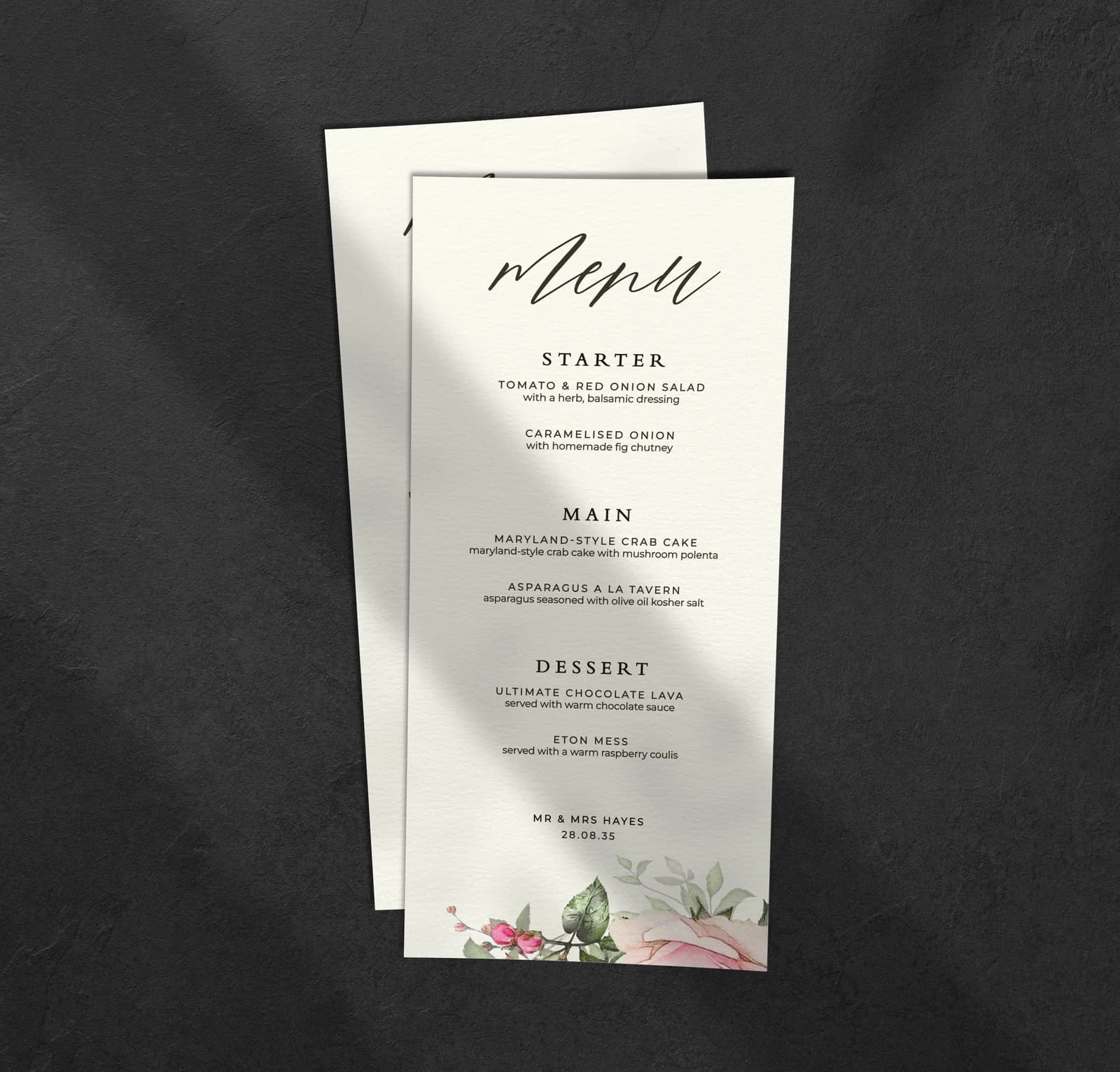 Rose Garden Menu — on the day wedding stationery