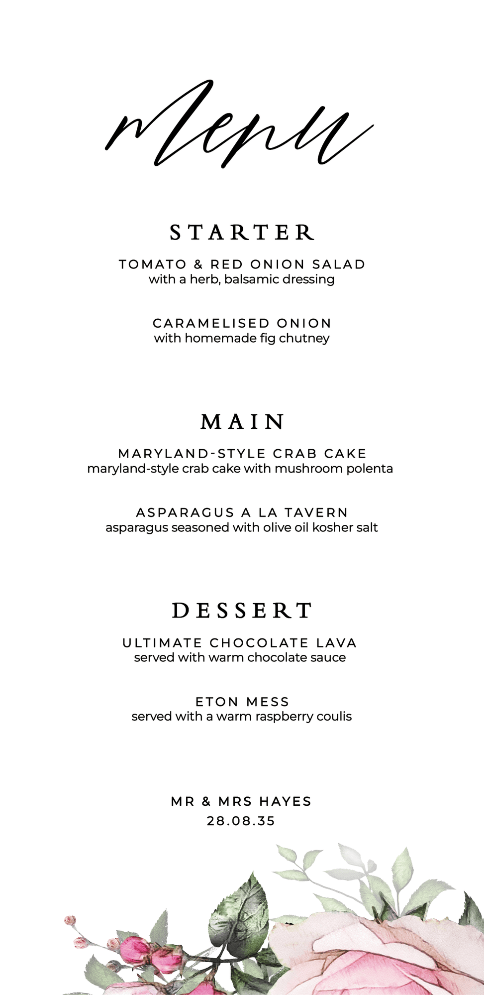 Rose Garden Menu — on the day wedding stationery