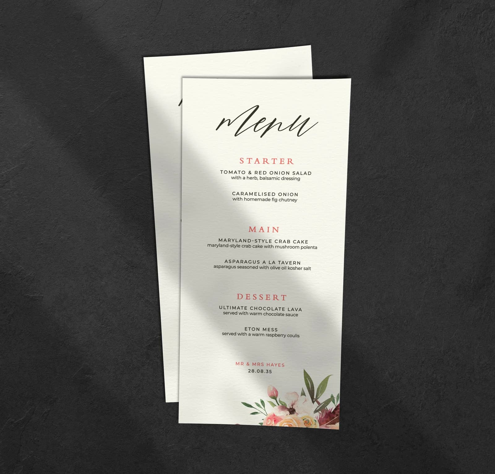 Rustic Floral Menu — on the day wedding stationery