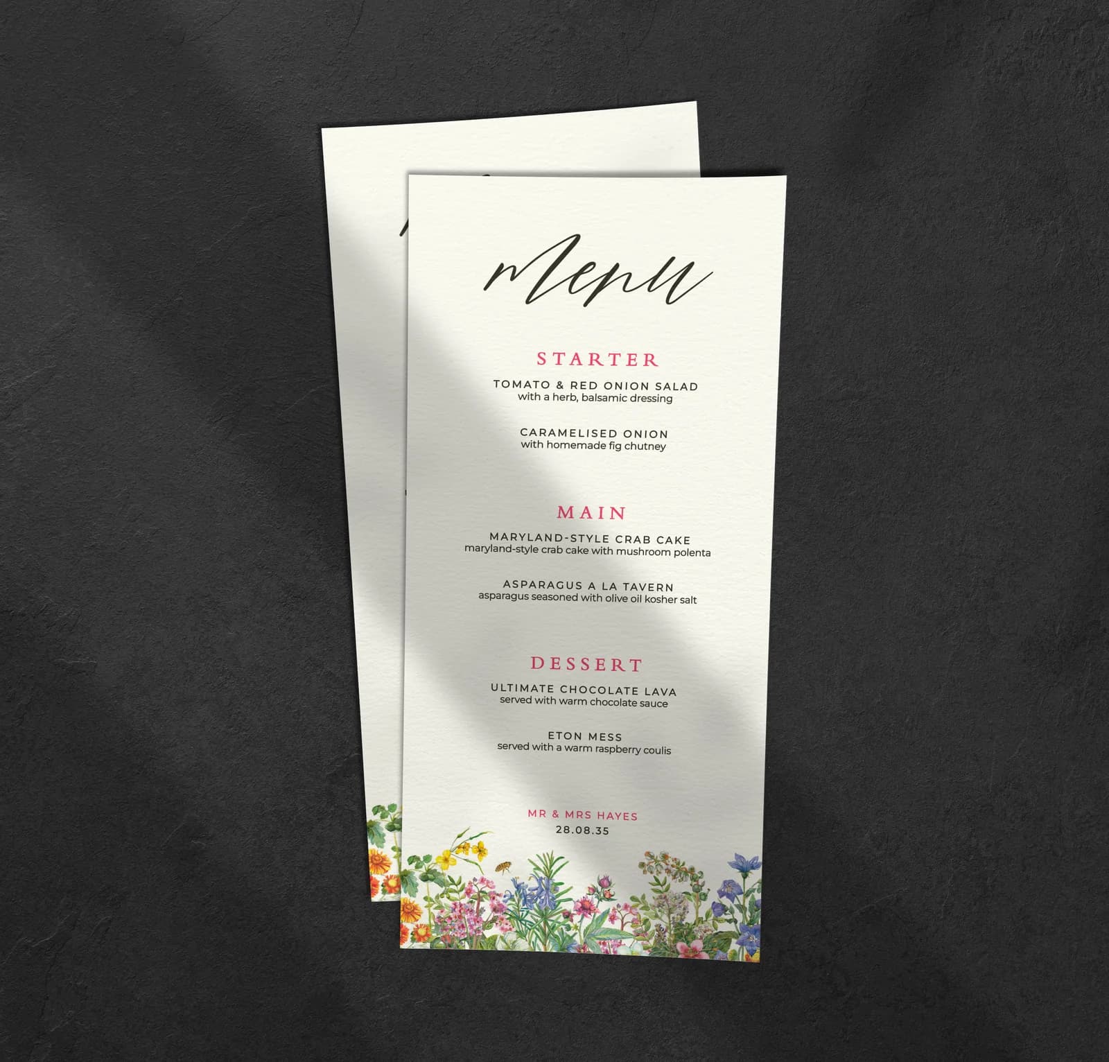 Spring Menu — on the day wedding stationery