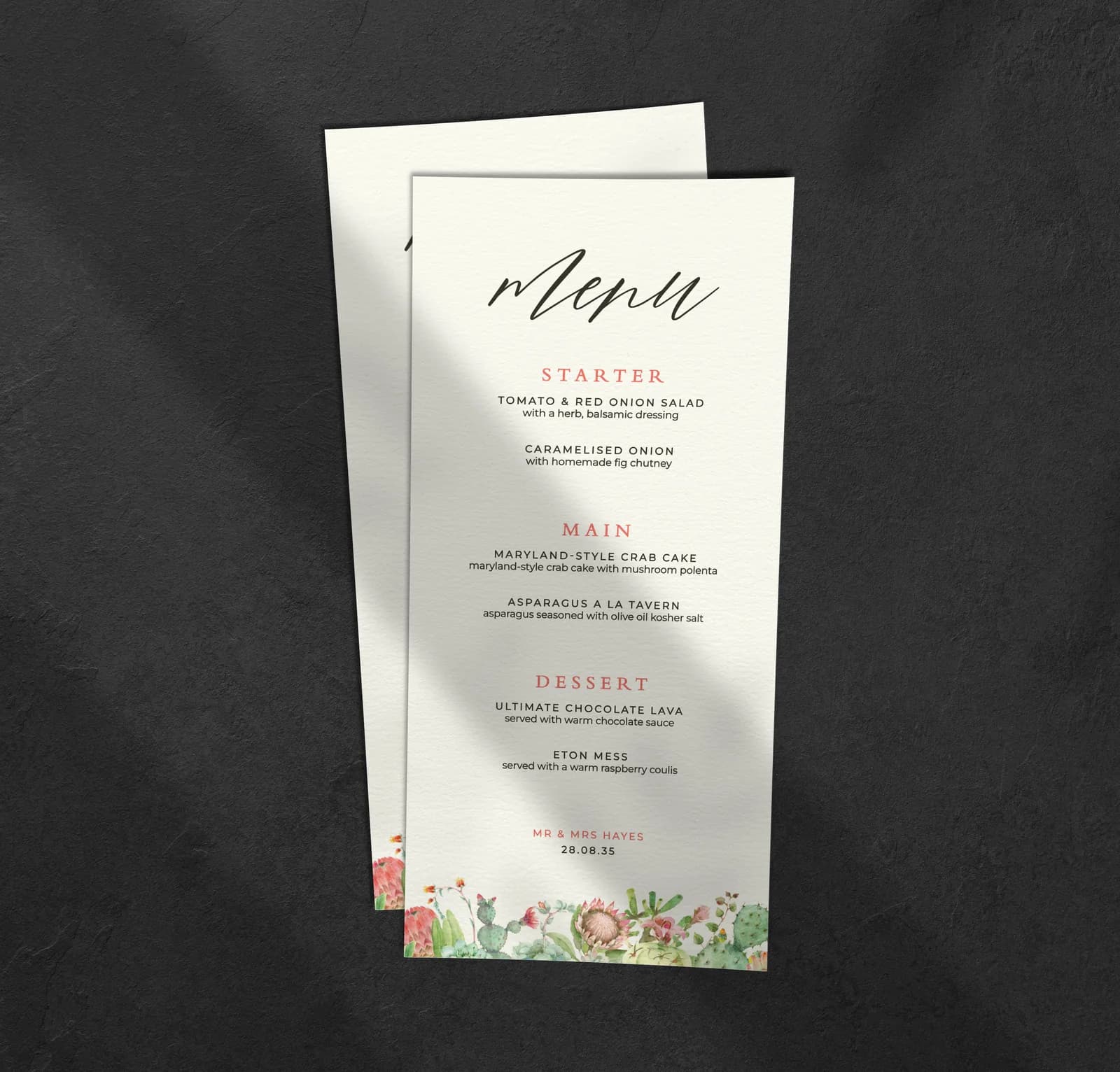 Succulents Menu — on the day wedding stationery