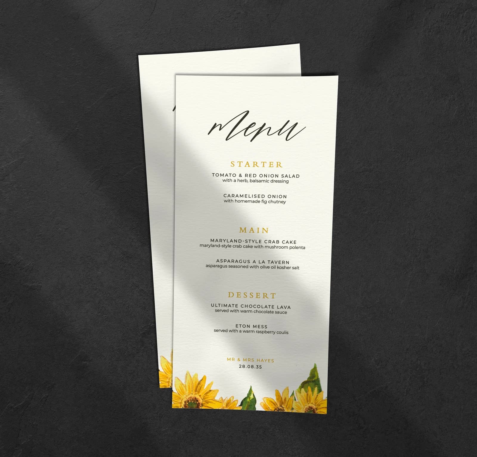 Sunflowers Menu — on the day wedding stationery