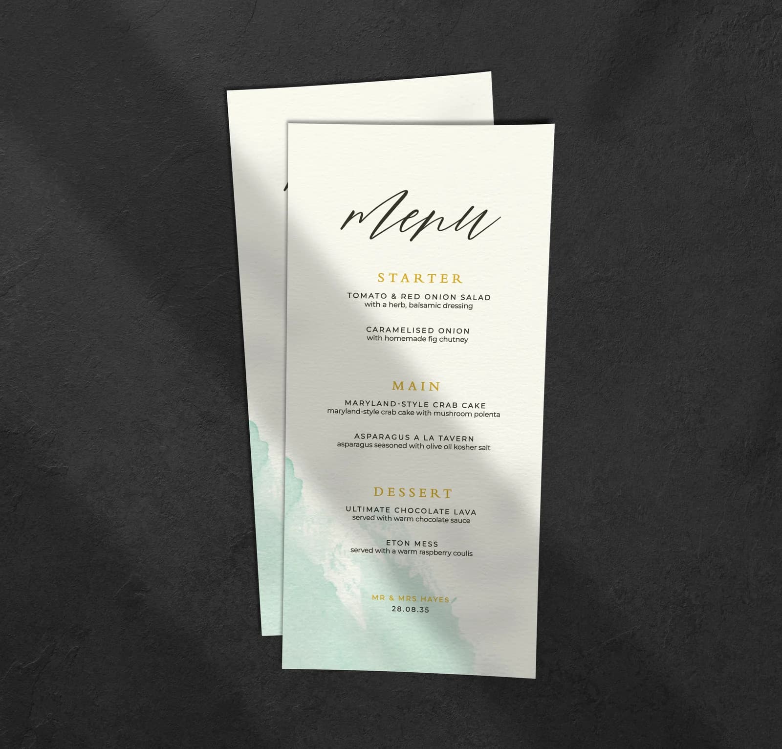 Teal Watercolour Menu — on the day wedding stationery