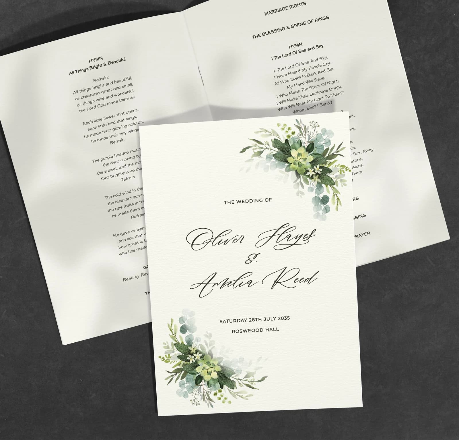 Blue Corner Order of Service — on the day wedding stationery