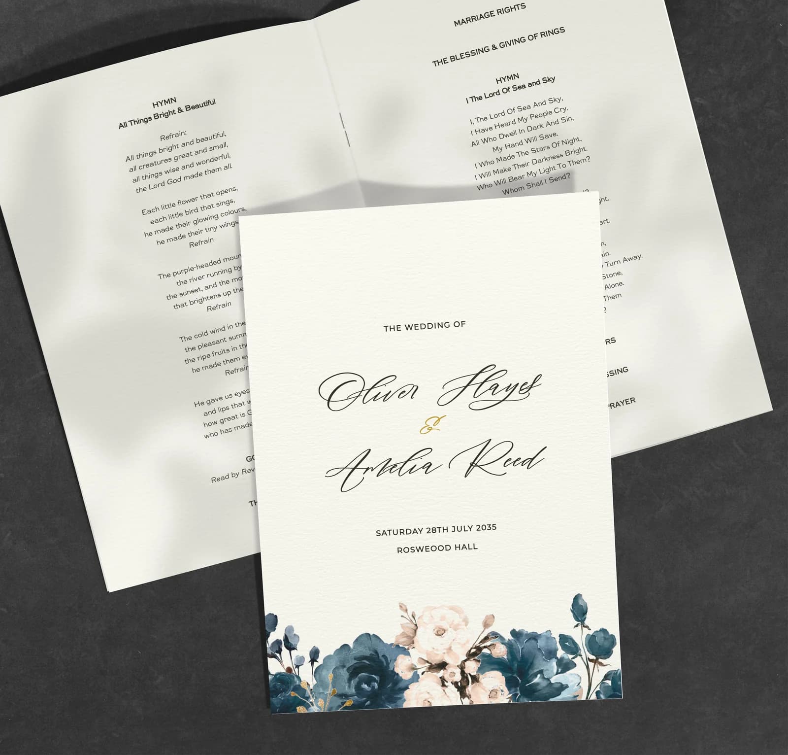Blue Flowers Order of Service — on the day wedding stationery