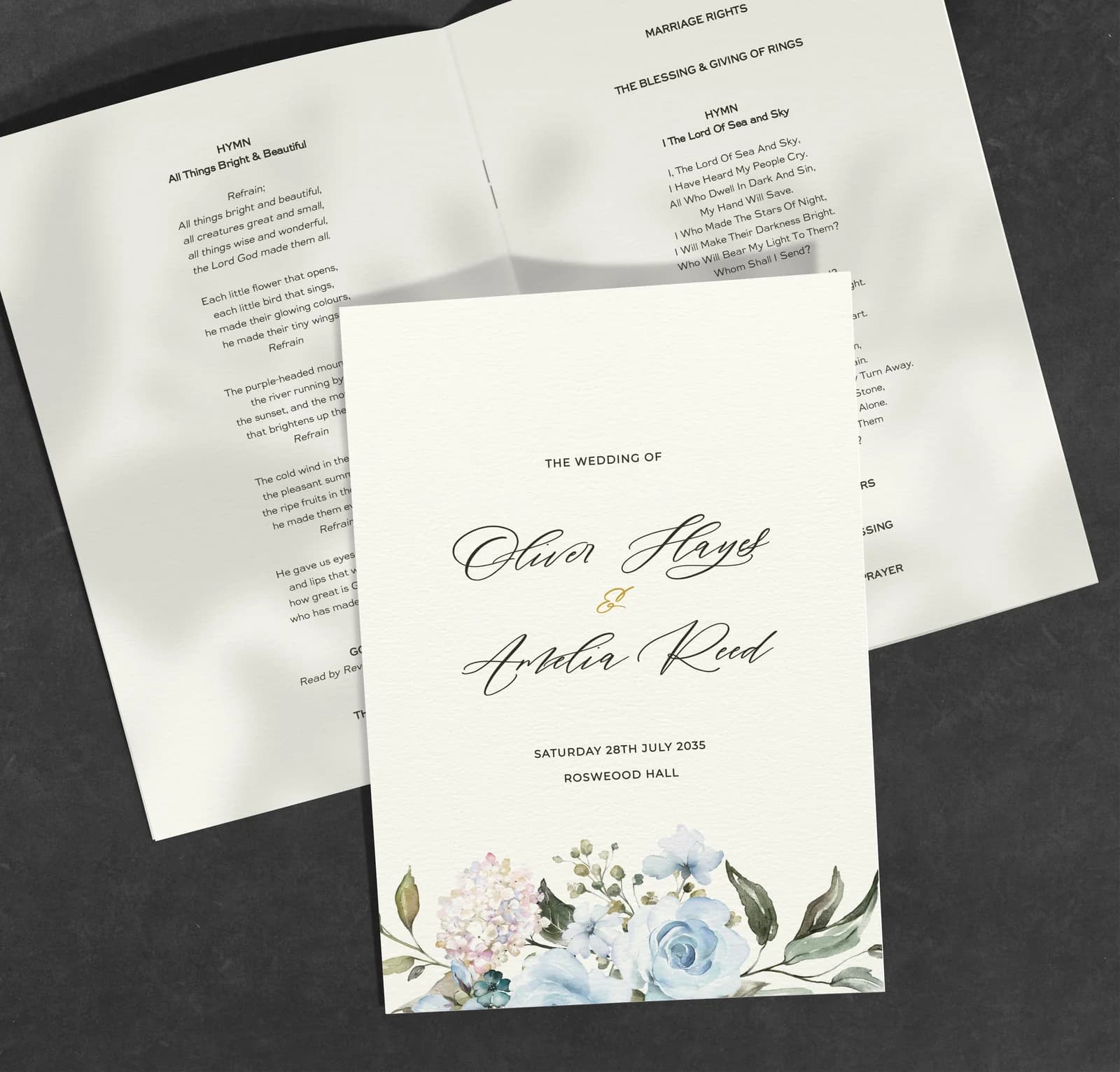 Blue Roses — Order of Service — on the day wedding stationery