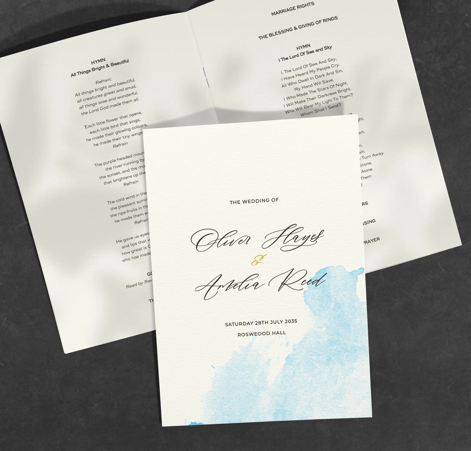 Blue Watercolour Order of Service — on the day wedding stationery
