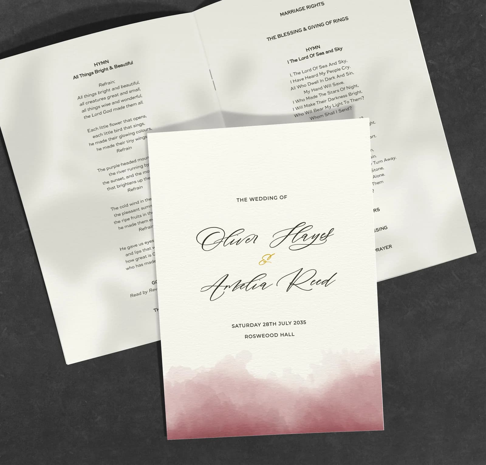 Burgundy Watercolour — Order of Service — on the day wedding stationery