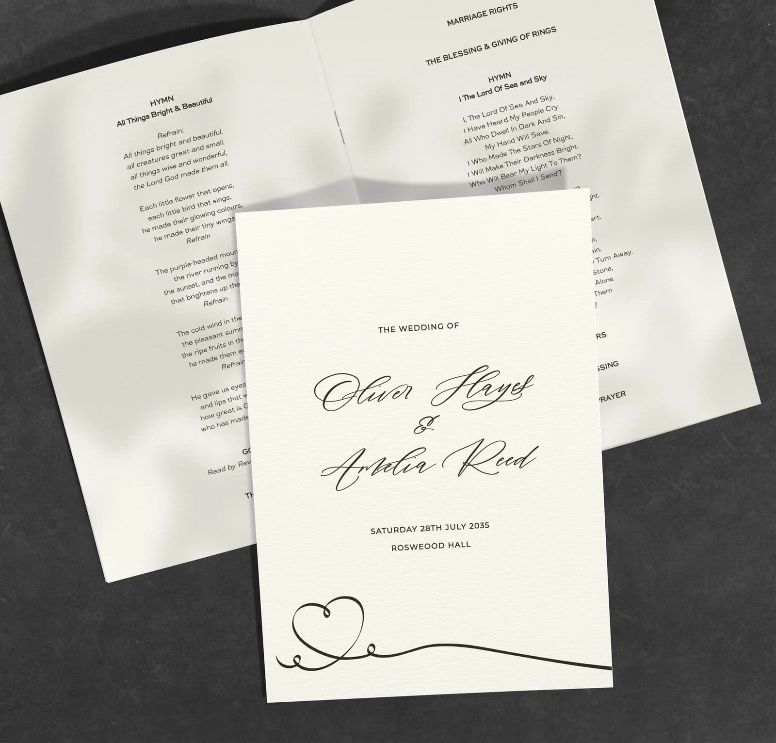 Calligraphy Order of Service — on the day wedding stationery