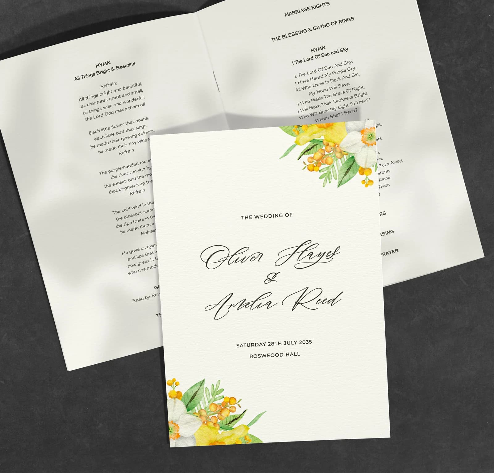 Daffodil Order of Service — on the day wedding stationery