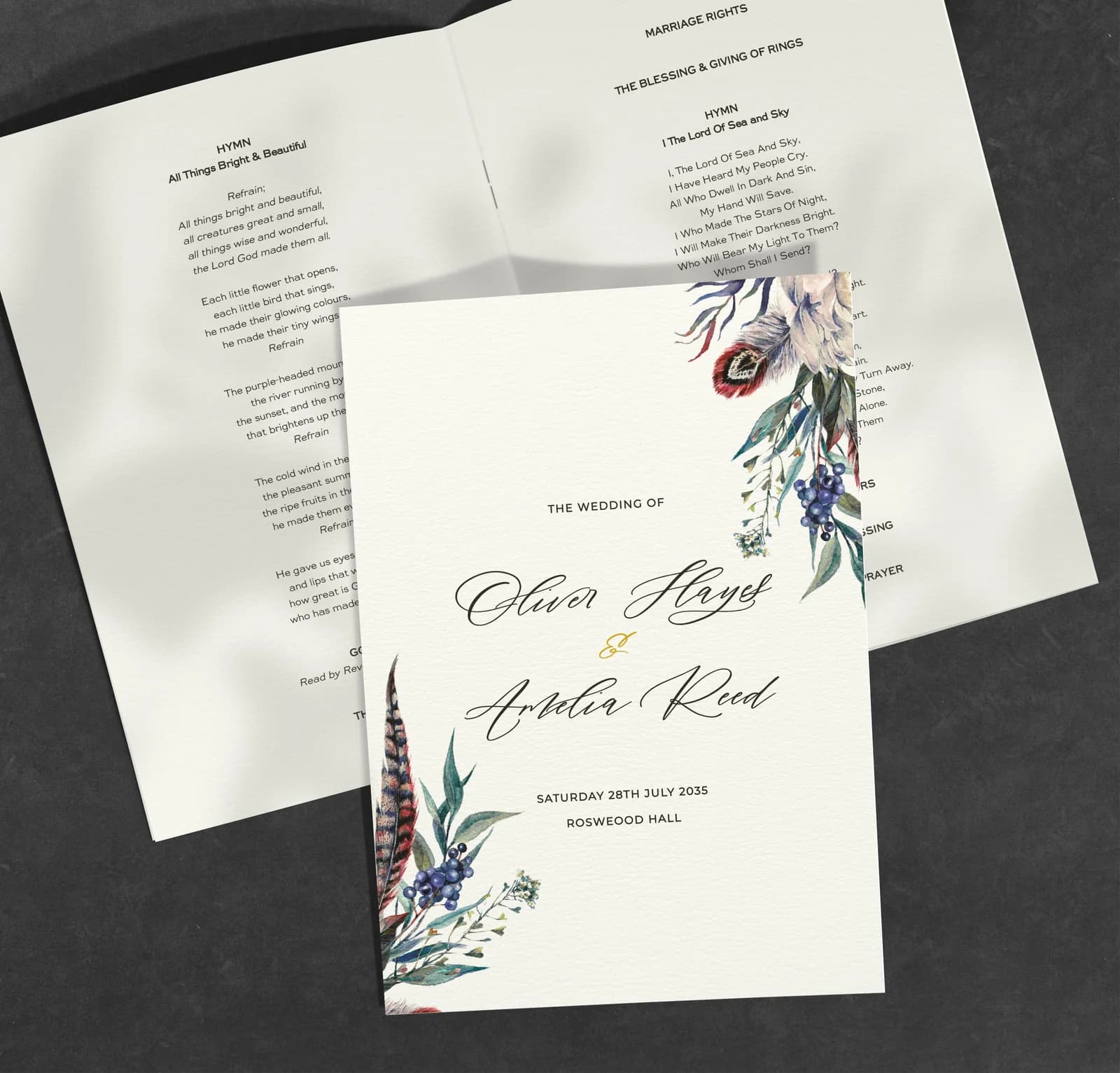 Feathers — Order of Service — on the day wedding stationery