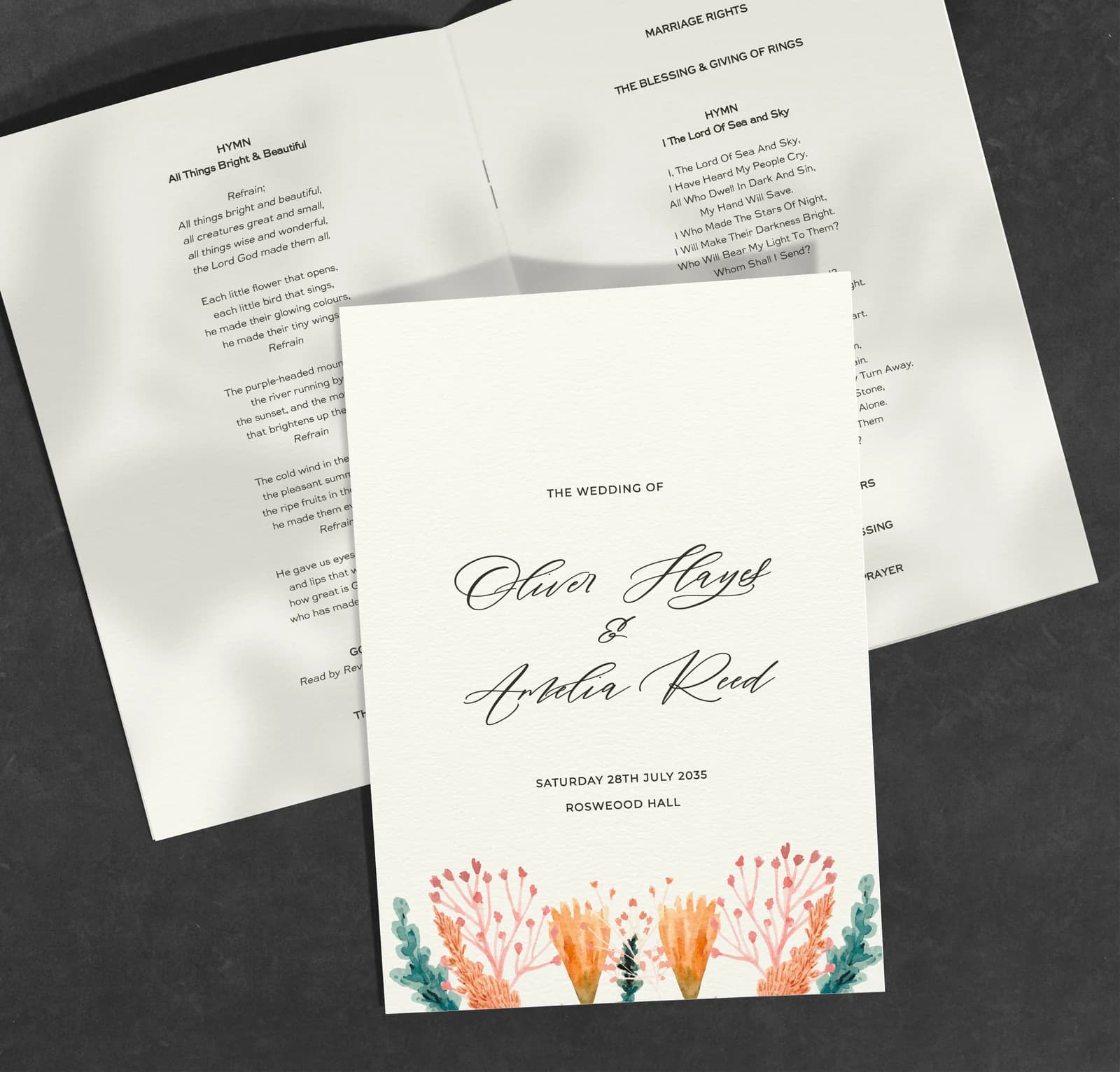 Fiery Order of Service — on the day wedding stationery