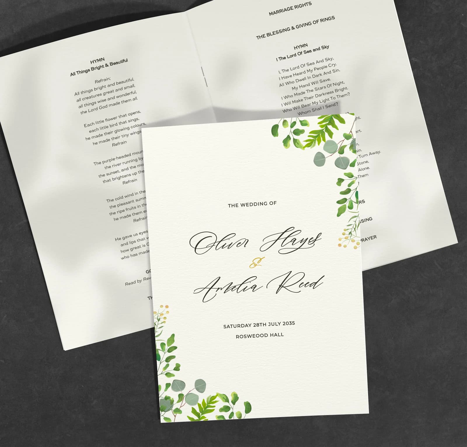 Greenery Eucalyptus Order of Service — on the day wedding stationery