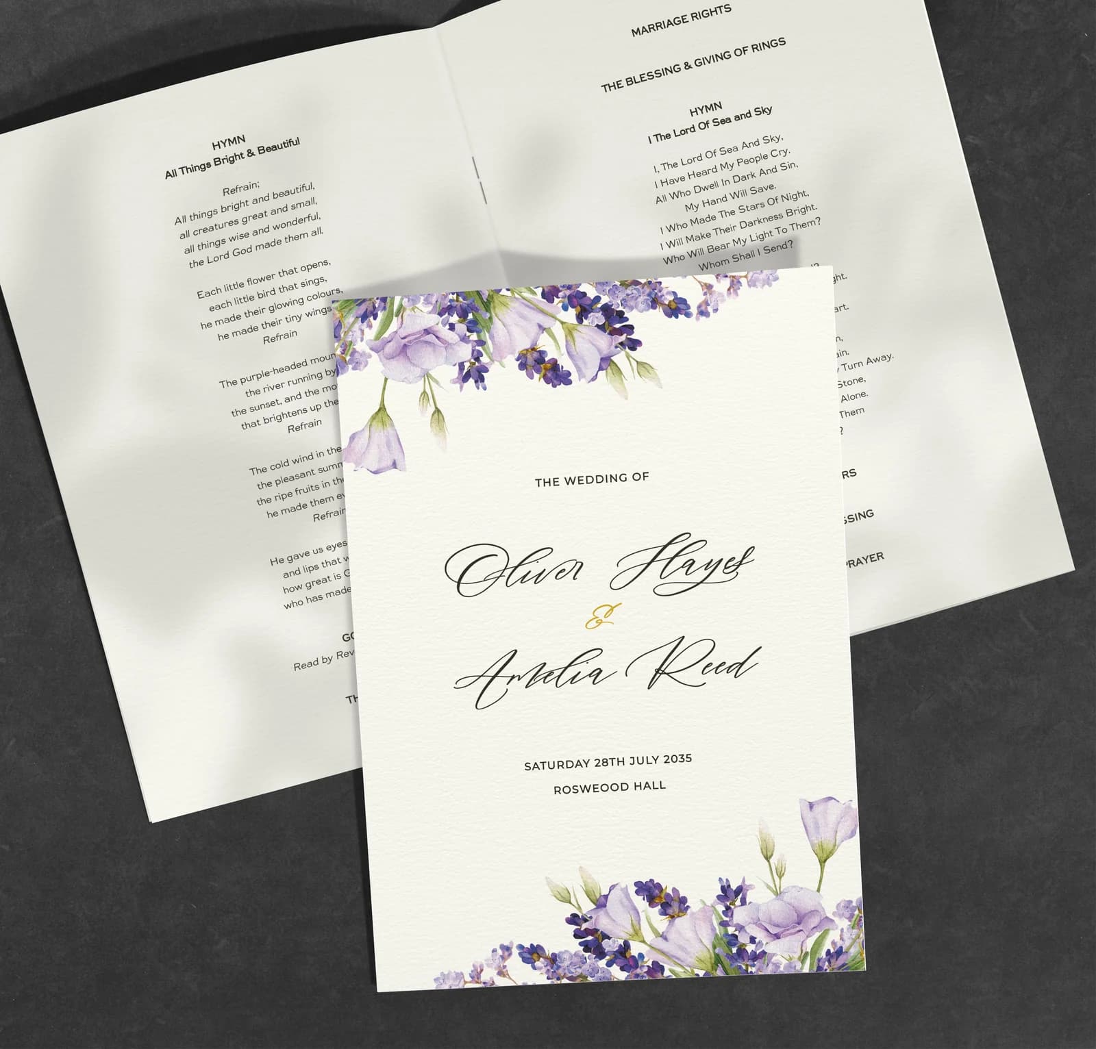 Lavender Order of Service — on the day wedding stationery