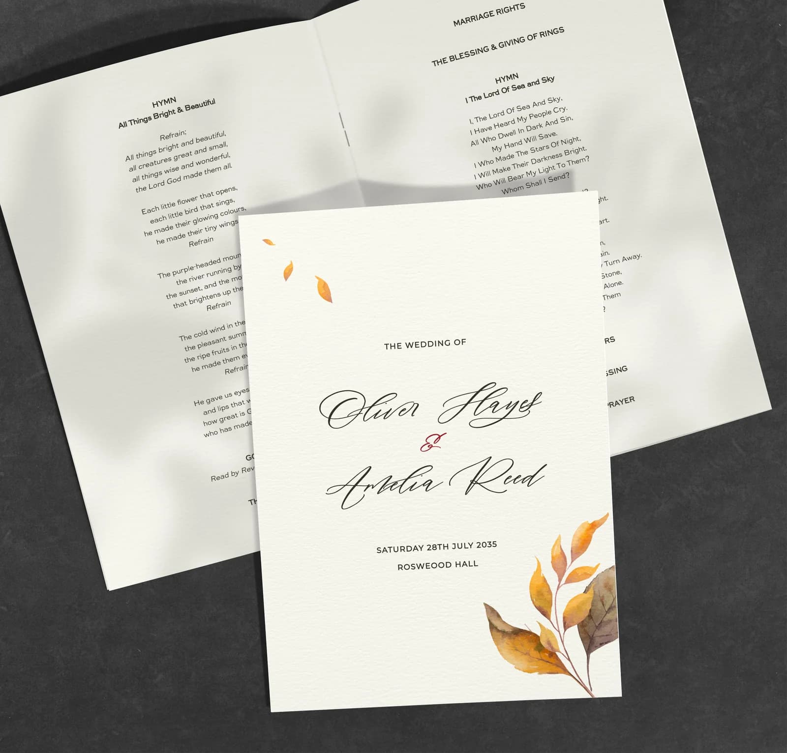 October Order of Service — on the day wedding stationery